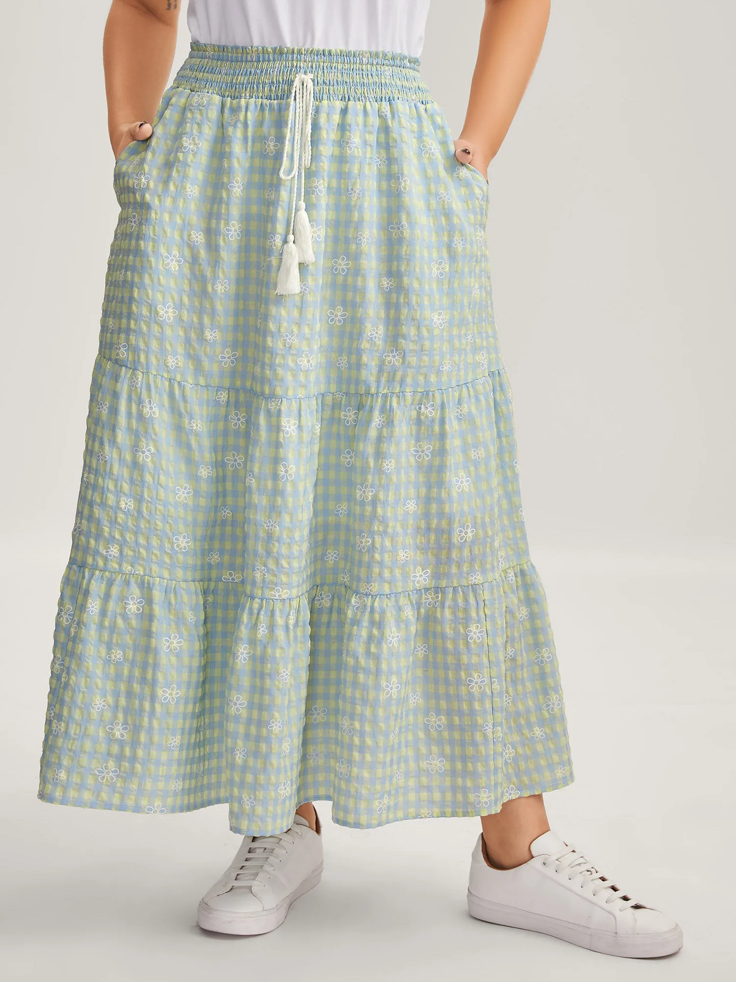 Plaid Floral Shirred Waist Maxi Skirt sold by Bloomchic