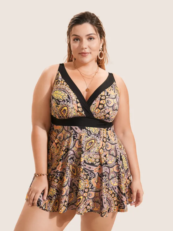 Paisley Print Wrap Contrast Trim Swim Dress sold by Bloomchic
