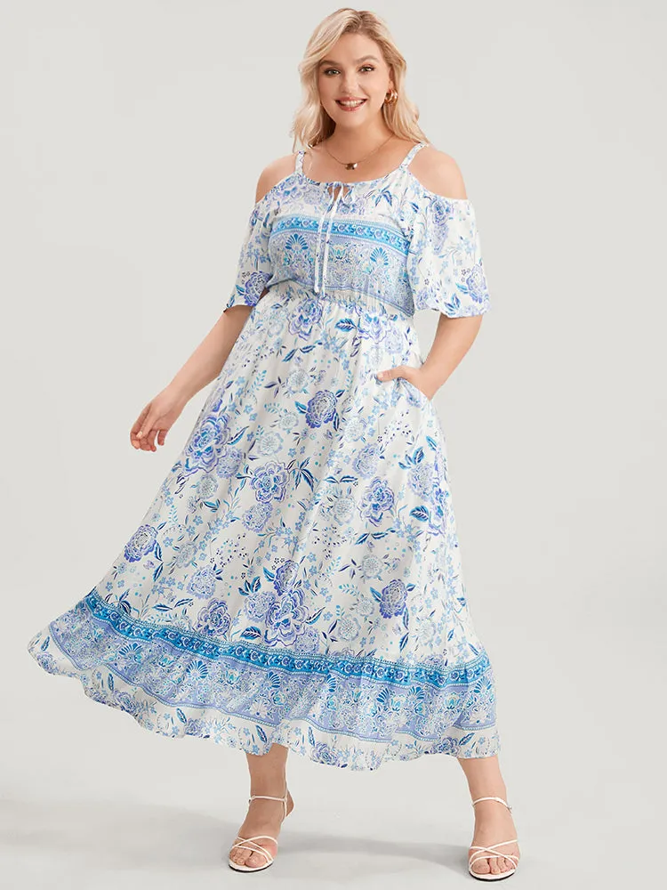 Off Shoulder Tie Neck Floral Print Midi Dress sold by Bloomchic