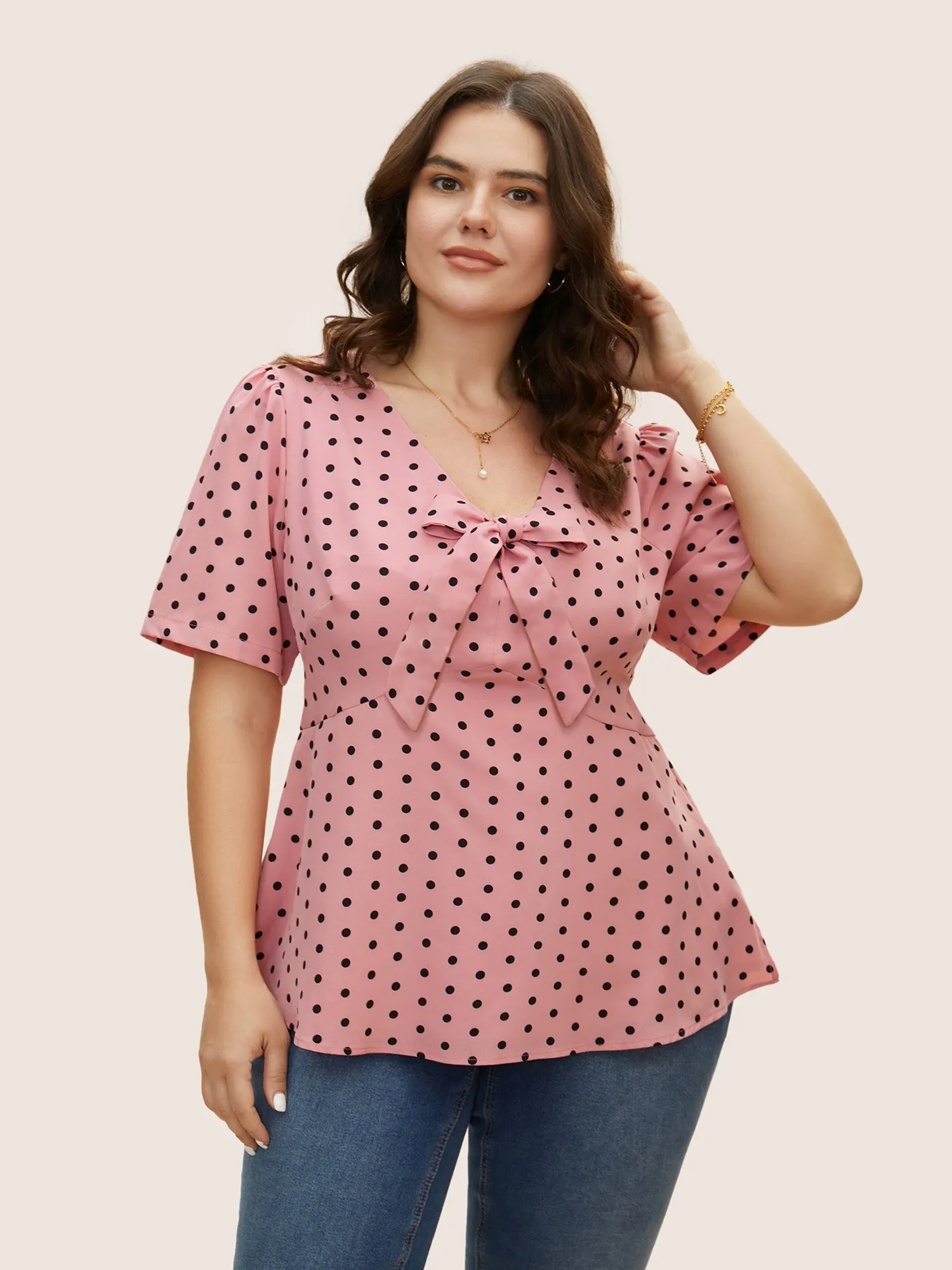 Polka Dot Ribbon Tied Collar Blouse sold by Bloomchic