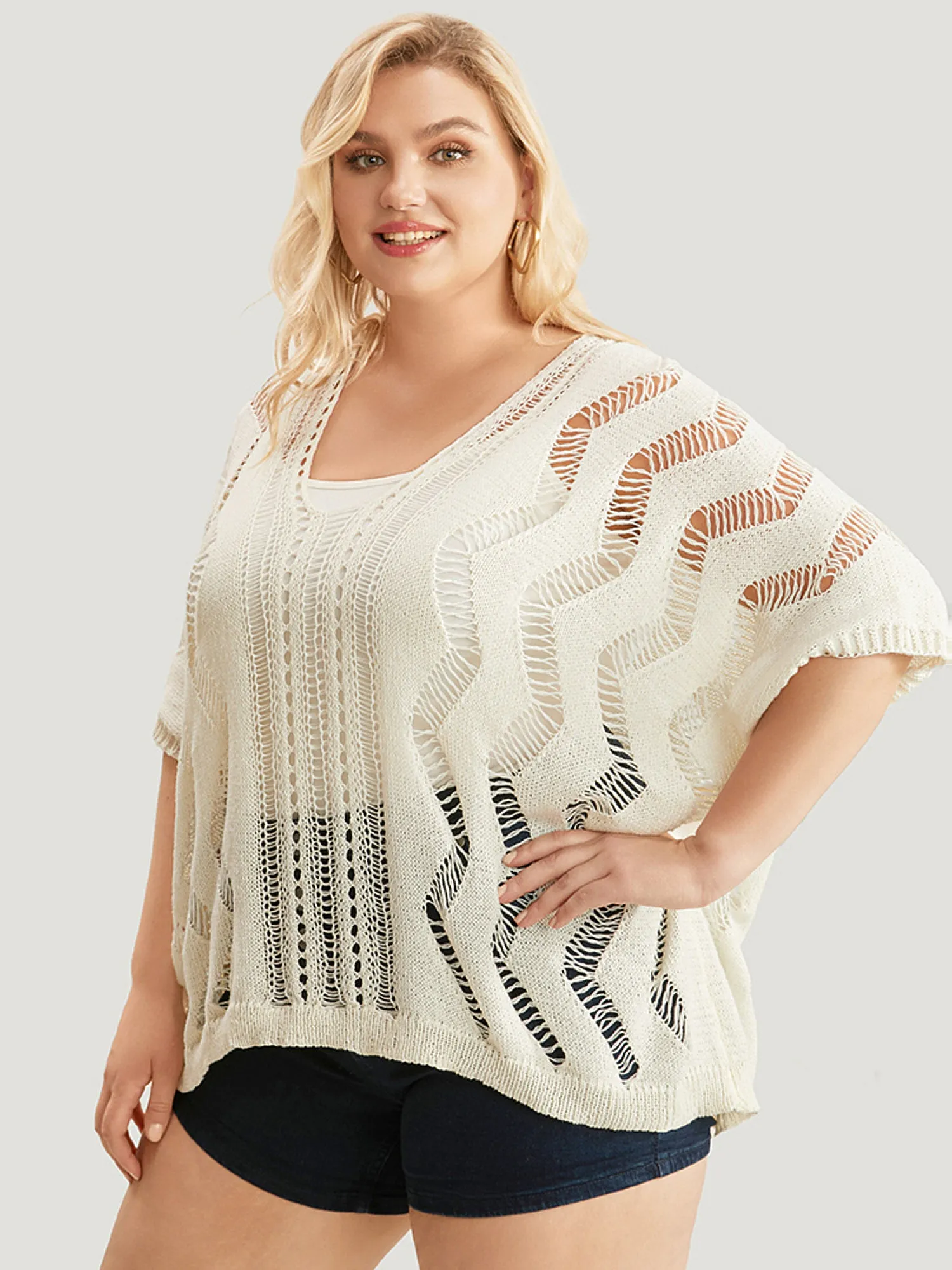 Ripple Print Hollow Out V Neck Eyelet Knit Top sold by Bloomchic product image thumbnail 4