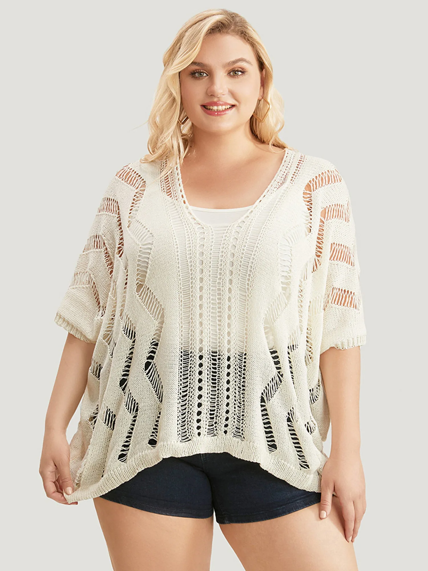 Ripple Print Hollow Out V Neck Eyelet Knit Top sold by Bloomchic product image thumbnail 3