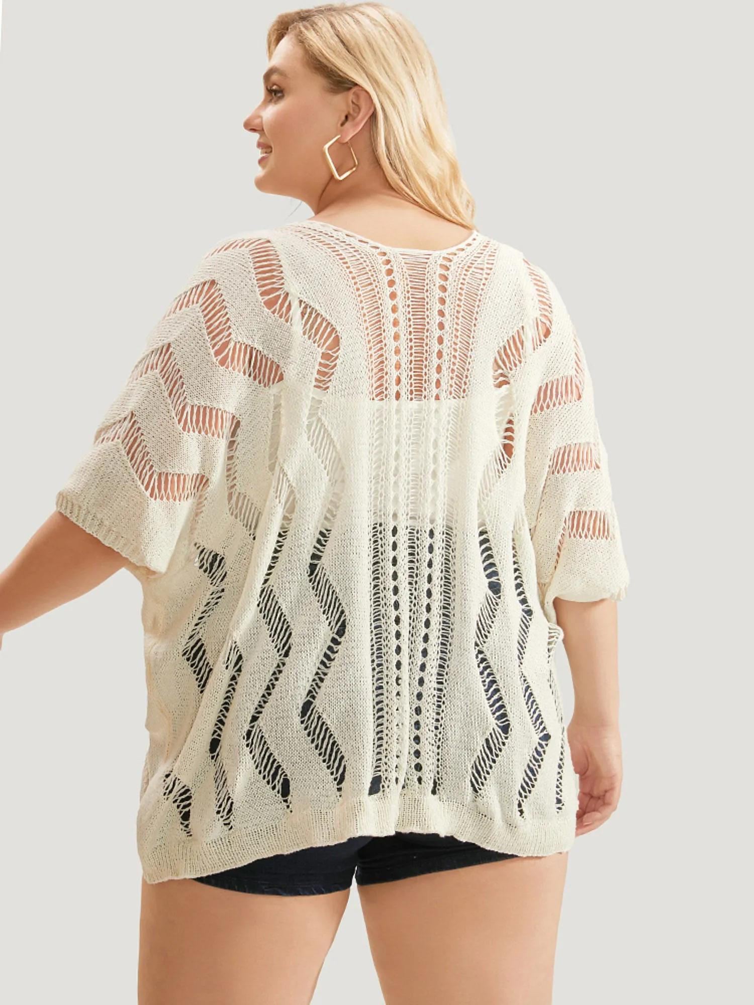 Ripple Print Hollow Out V Neck Eyelet Knit Top sold by Bloomchic product image thumbnail 5