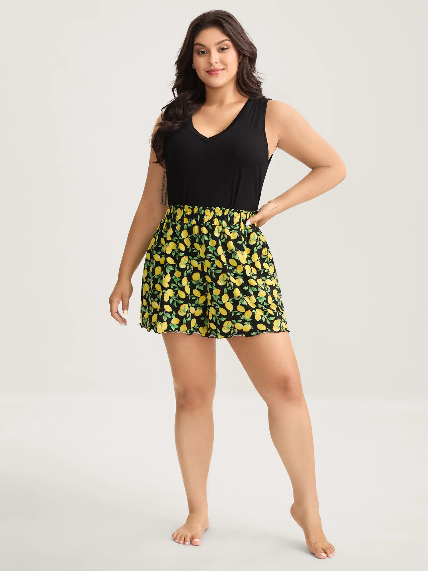 Lemon Print Wavy Hem Shirred Shorts sold by Bloomchic product image thumbnail 2
