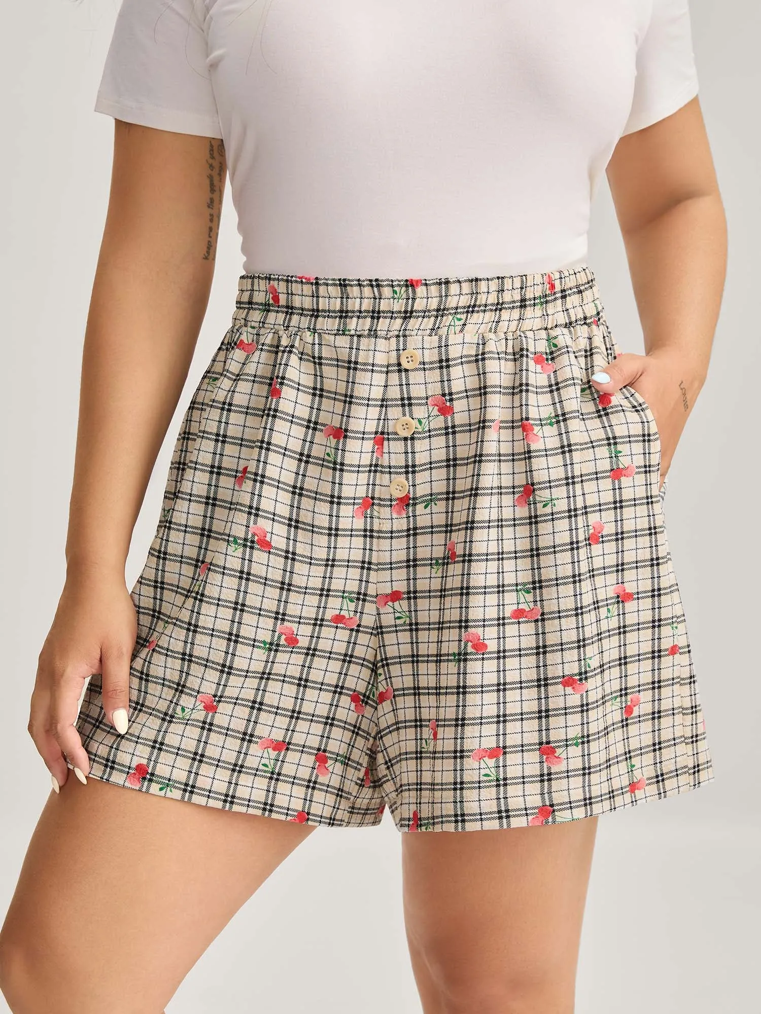 Cherry Plaid Buckle Button Shorts sold by Bloomchic