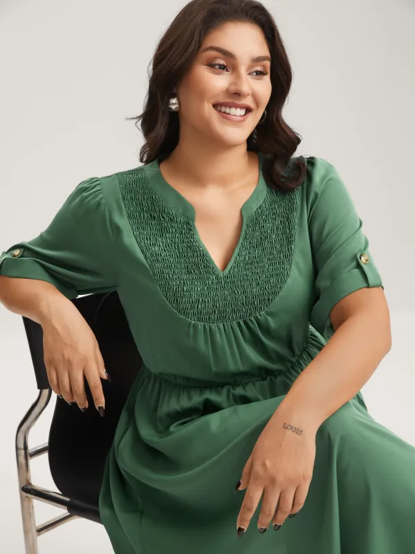 Shirred Neck Stretchy Waist Pockets Midi Dress sold by Bloomchic