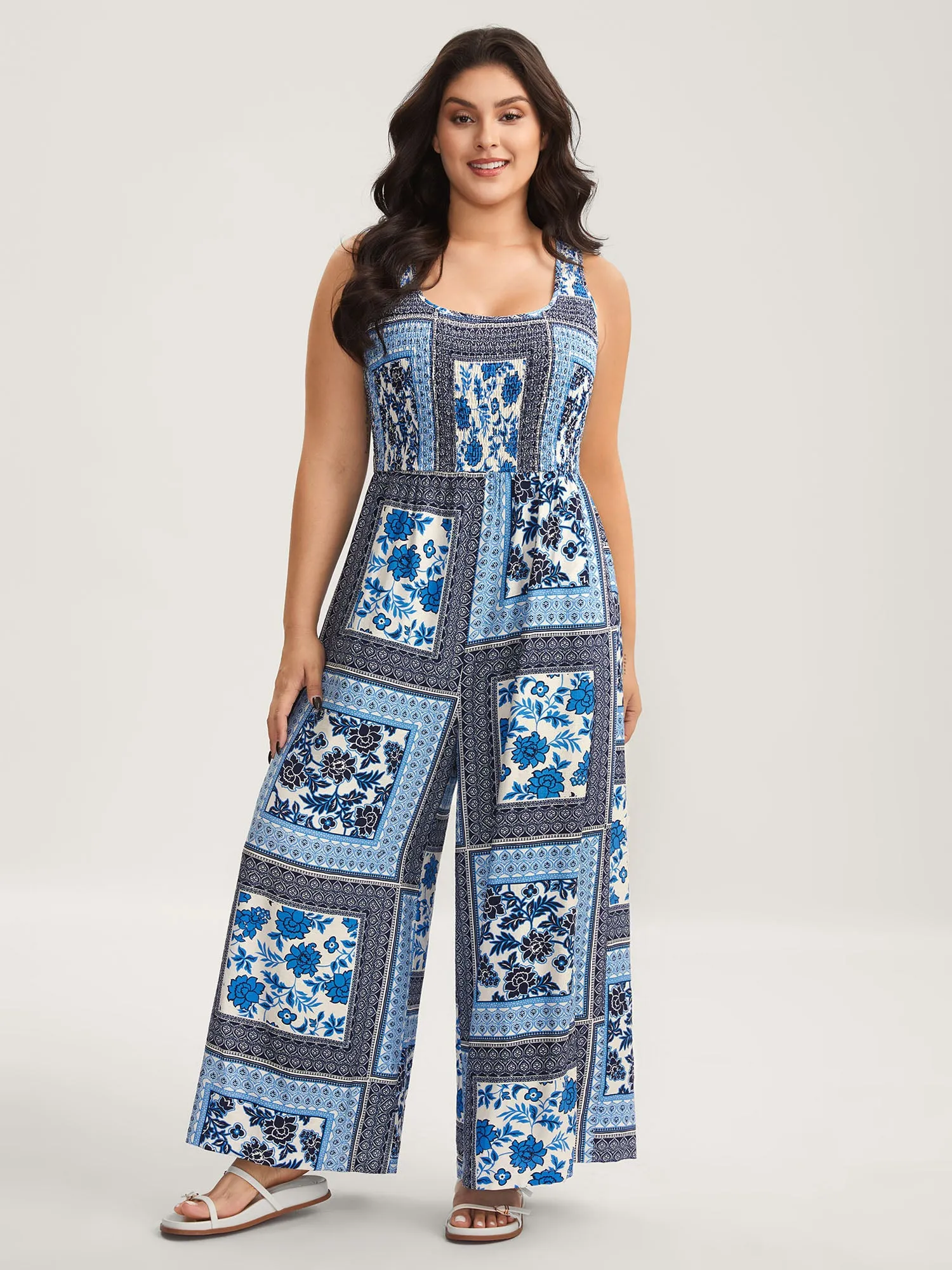 Floral Collage Shirred Straight-Leg Jumpsuit sold by Bloomchic