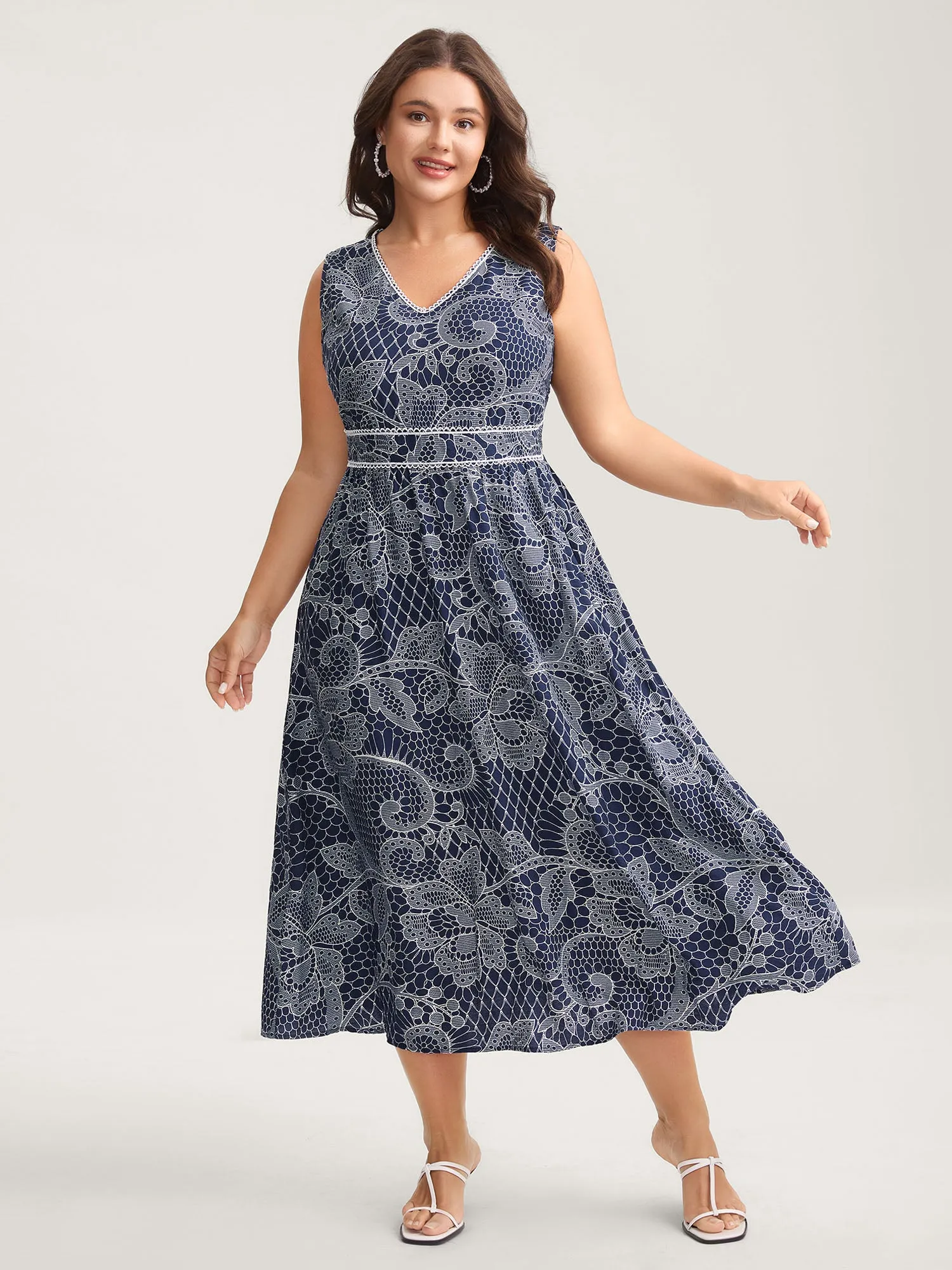 Lace-Like Print Cinched-Waist Midi Dress sold by Bloomchic