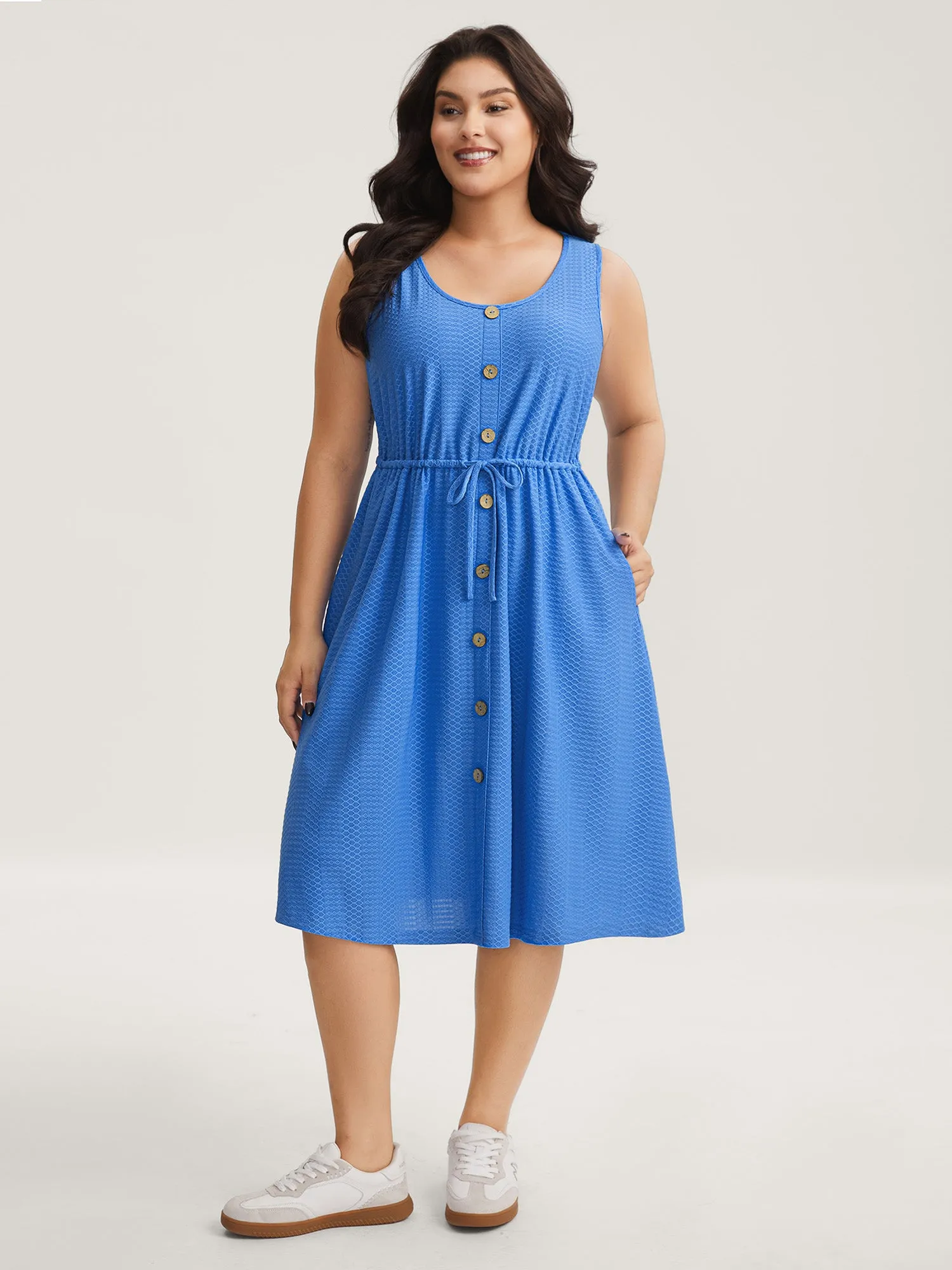 Textured Waist Drawstring Pockets Midi Dress sold by Bloomchic
