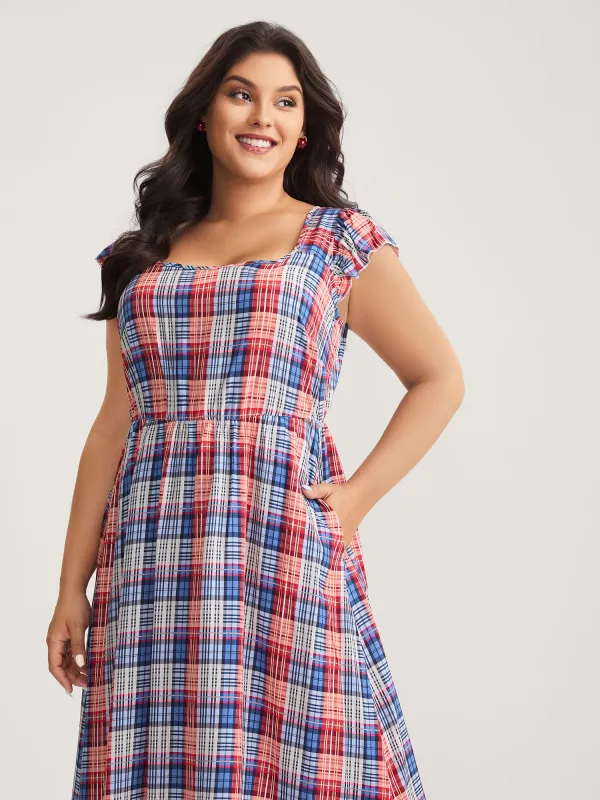 Plaid Print Flutter Sleeve Pockets Midi Dress sold by Bloomchic