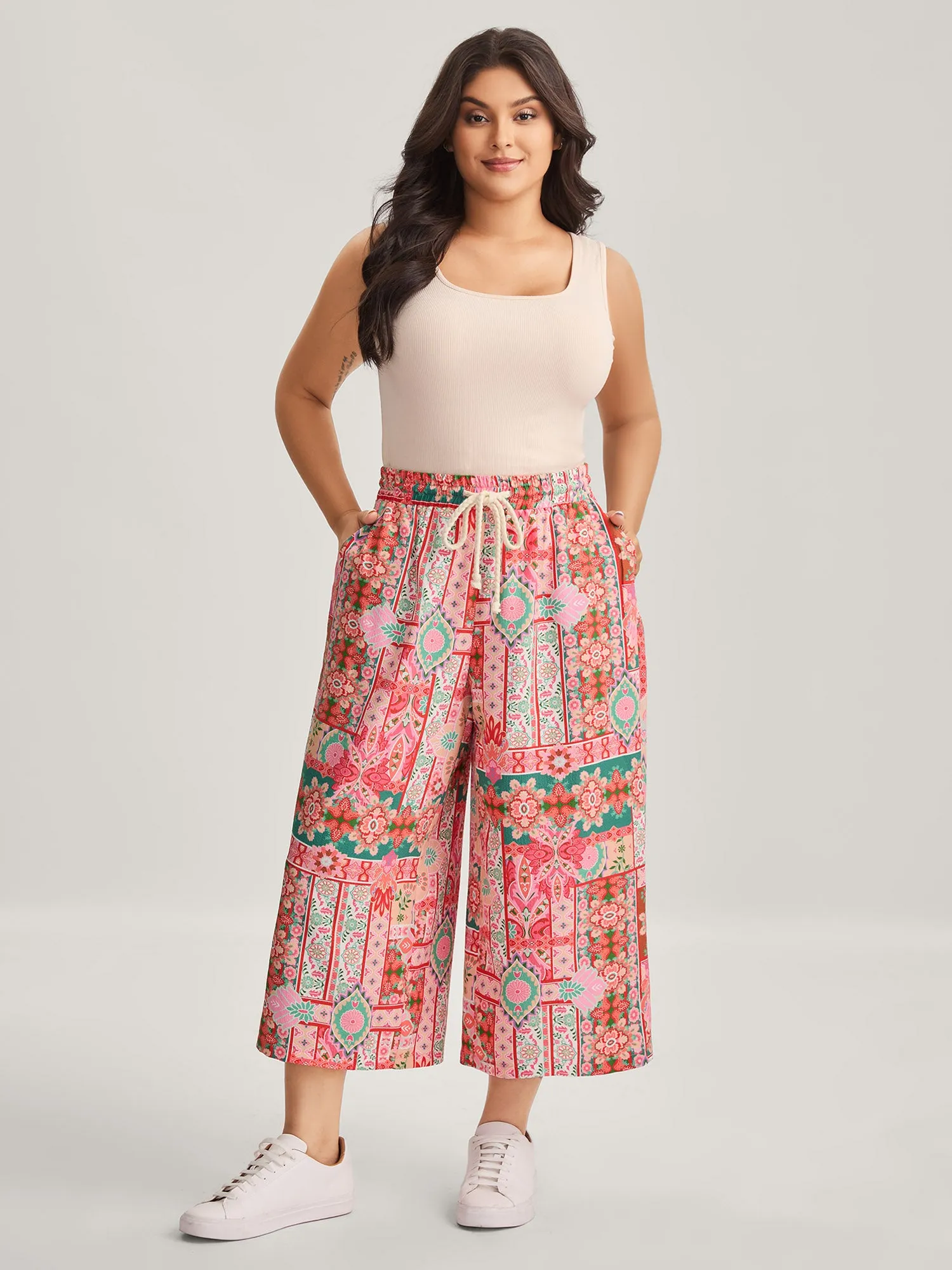 Floral Collage Stretchy Waist Wide-Leg Pants sold by Bloomchic