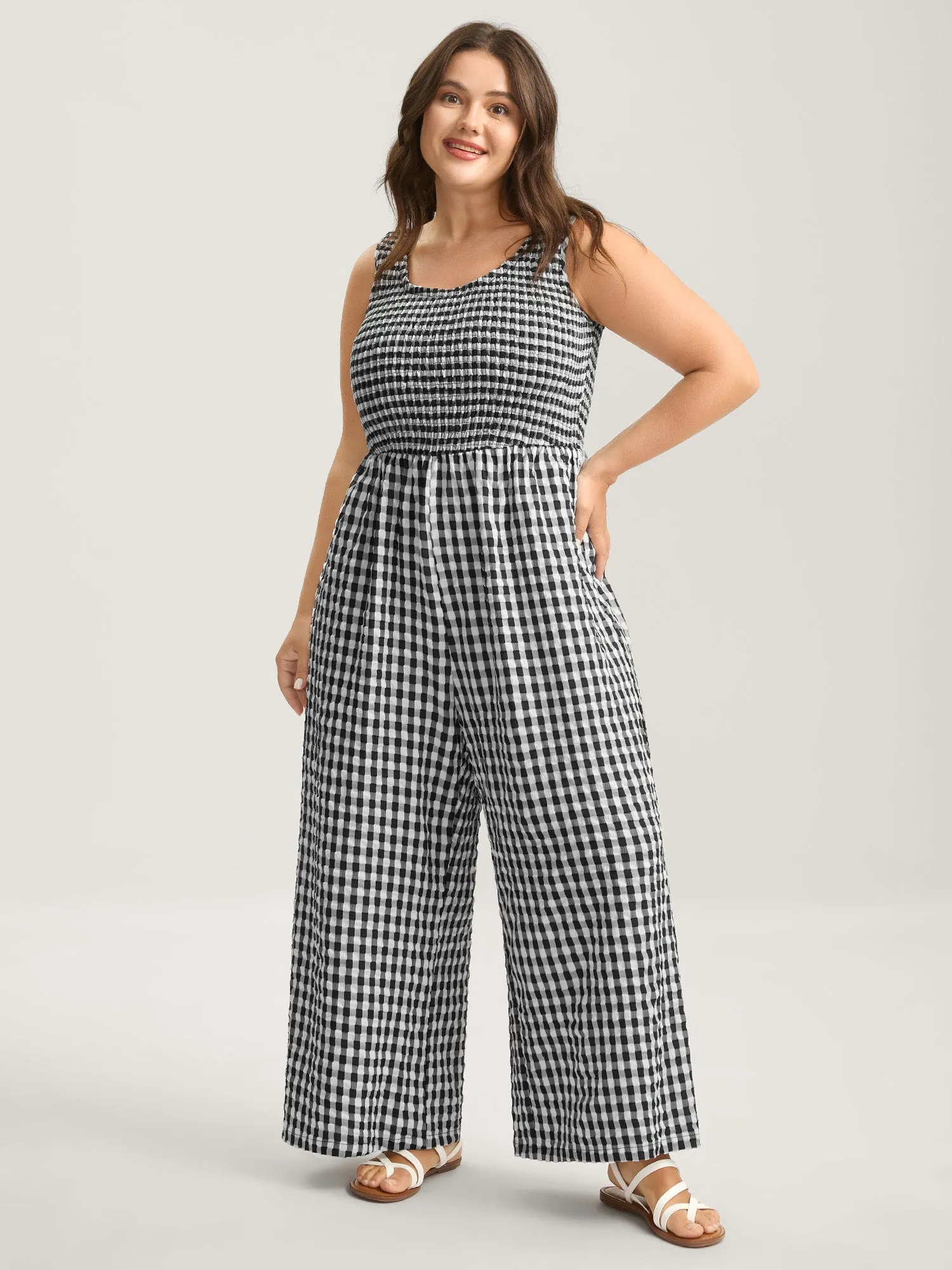 Gingham Print Shirred Straight-Leg Jumpsuit sold by Bloomchic product image thumbnail 3