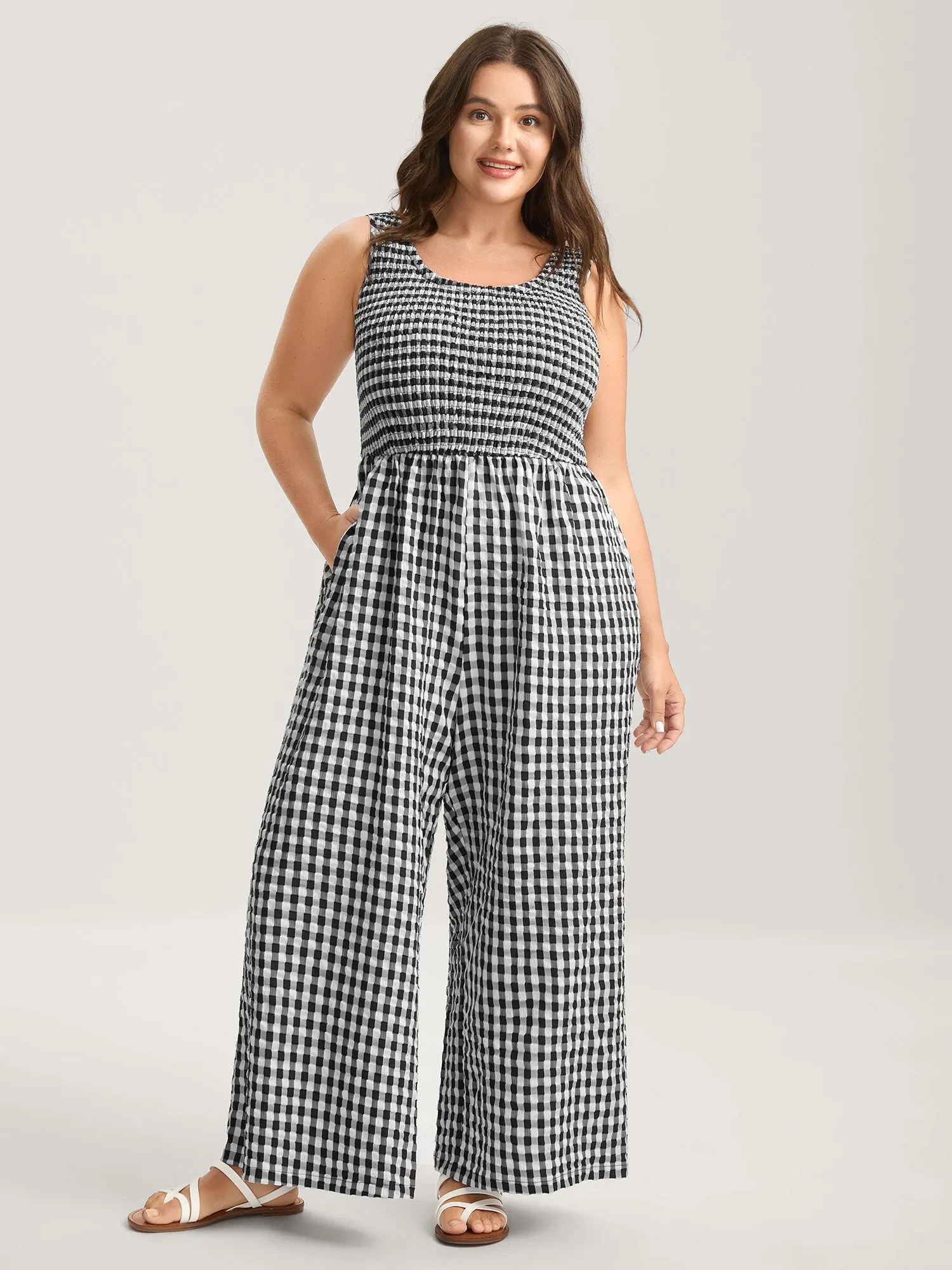 Gingham Print Shirred Straight-Leg Jumpsuit sold by Bloomchic