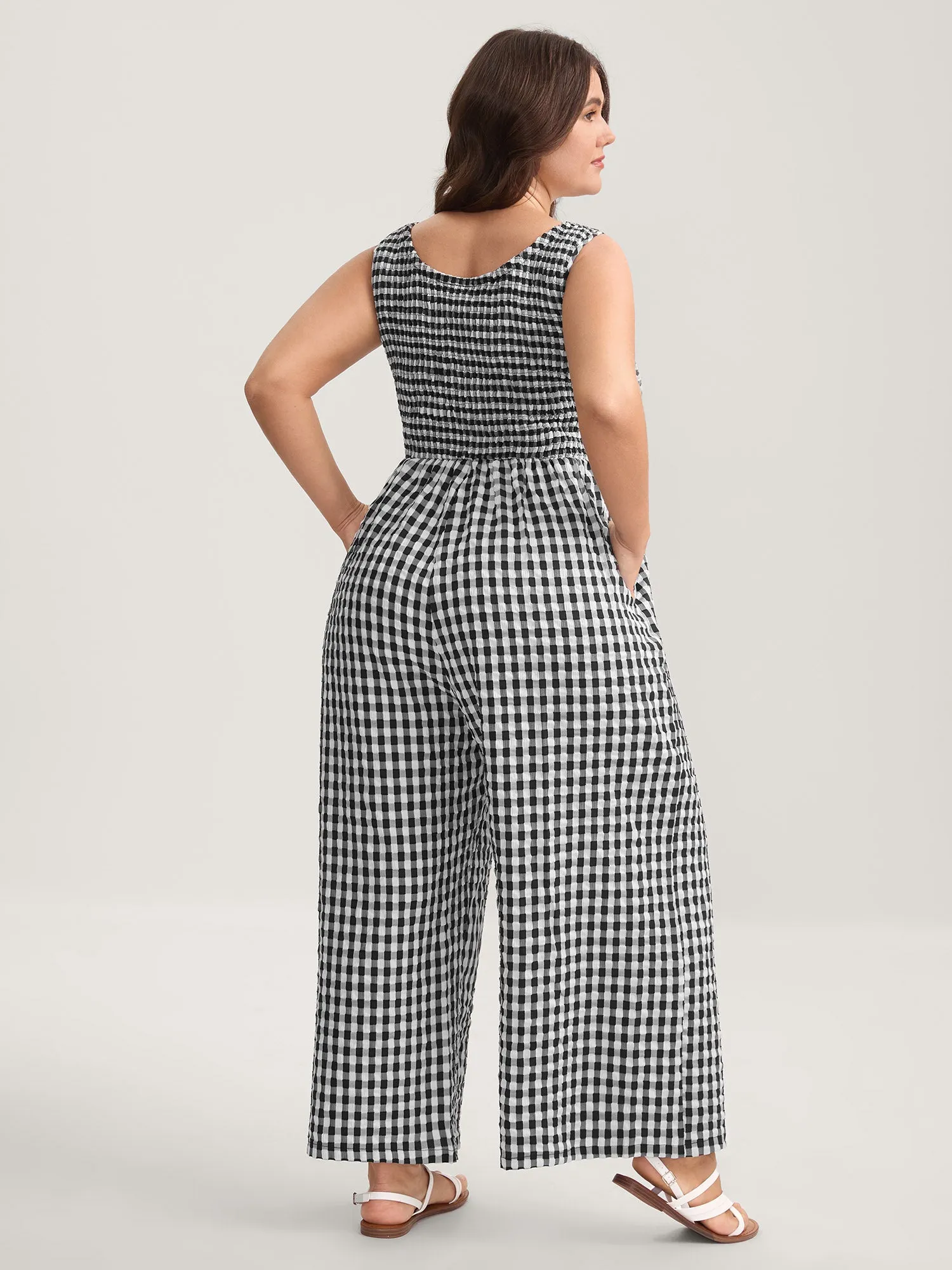 Gingham Print Shirred Straight-Leg Jumpsuit sold by Bloomchic product image thumbnail 4