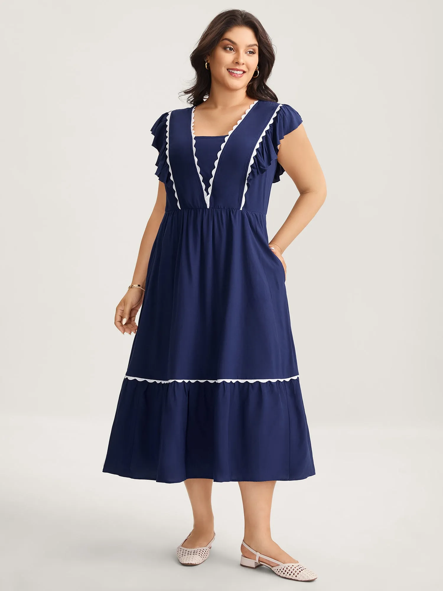 Rayon Collar Ribbon Contrast Pockets Midi Dress sold by Bloomchic product image thumbnail 3