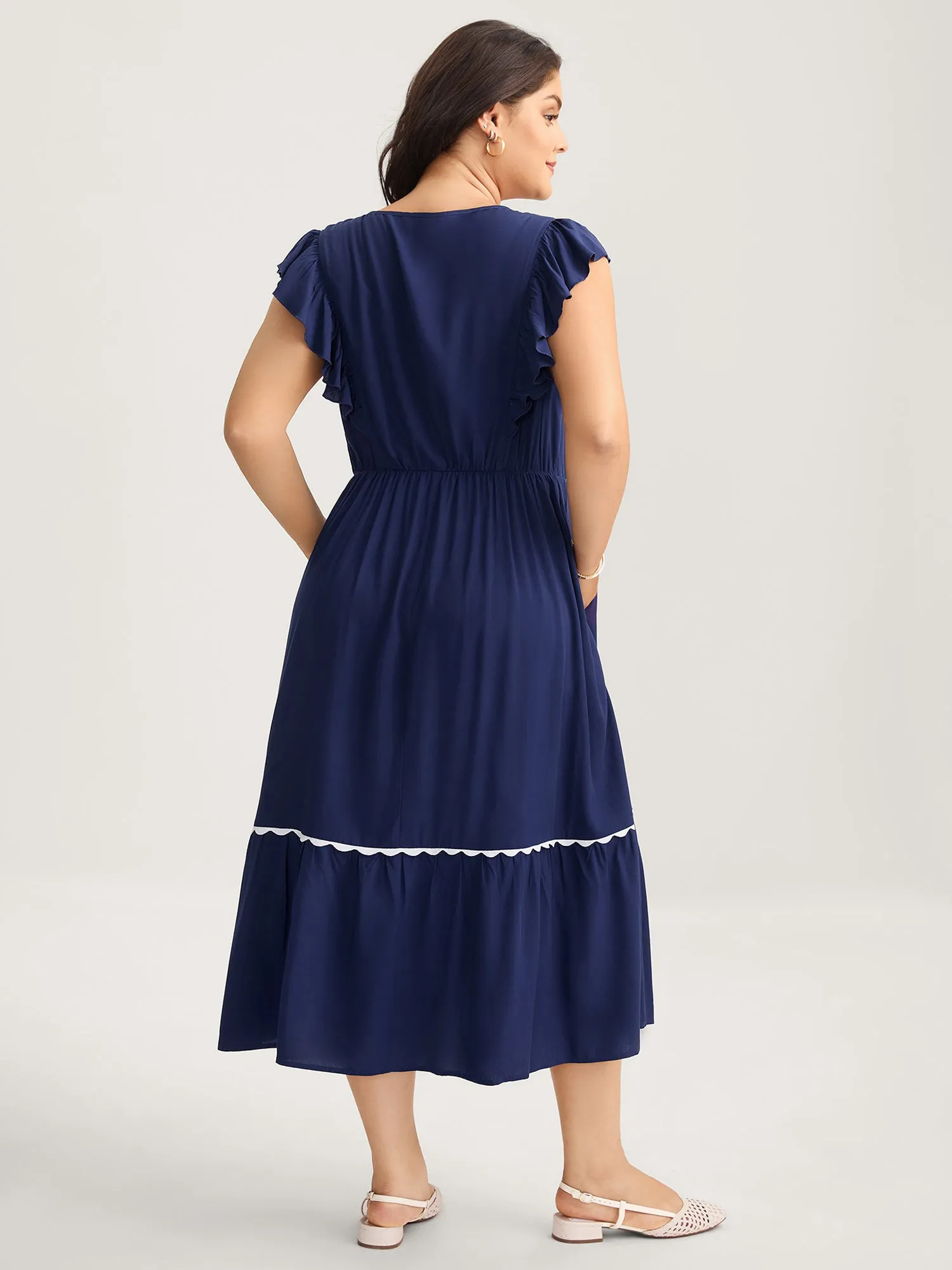 Rayon Collar Ribbon Contrast Pockets Midi Dress sold by Bloomchic product image thumbnail 4