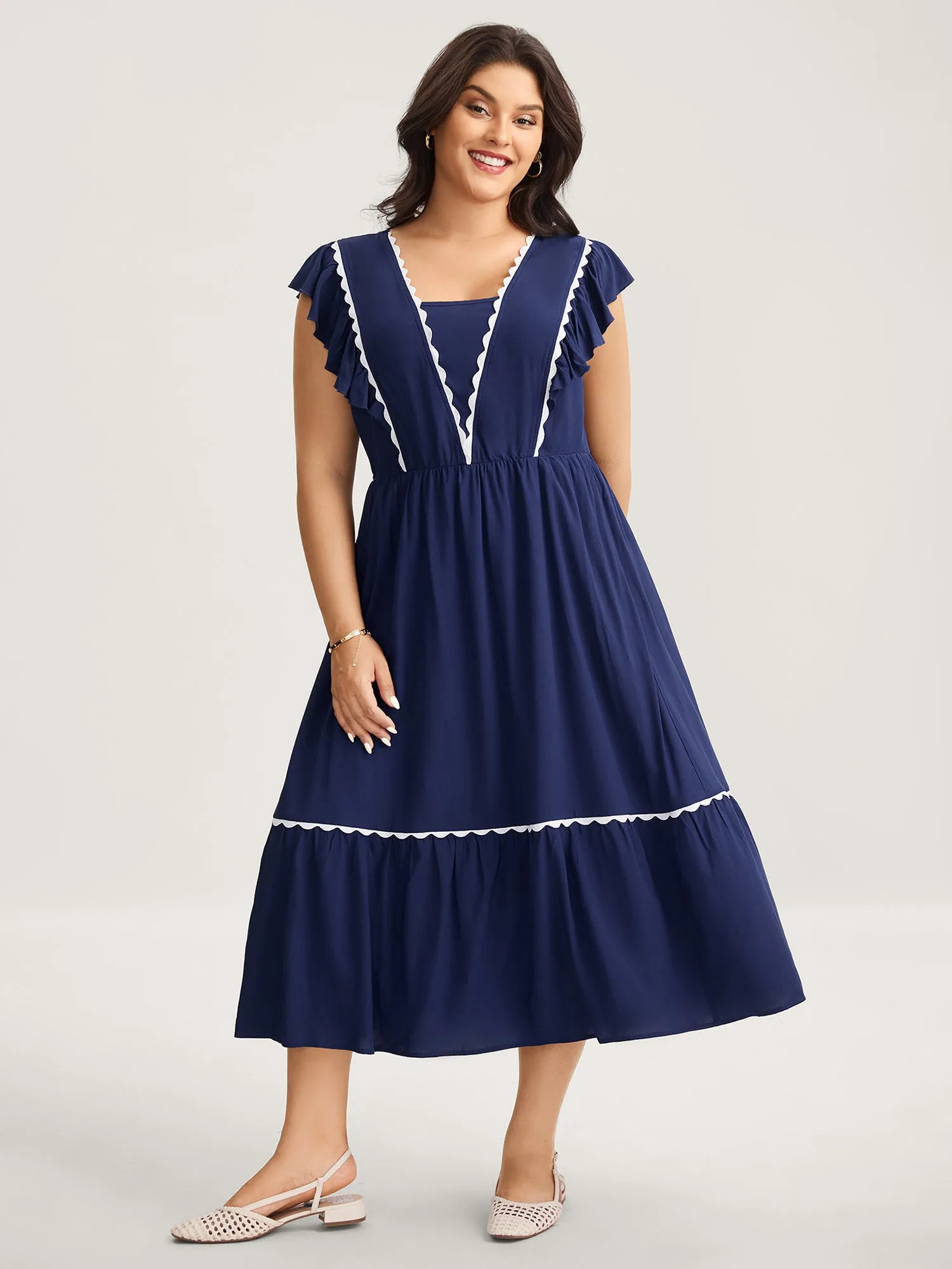 Rayon Collar Ribbon Contrast Pockets Midi Dress sold by Bloomchic