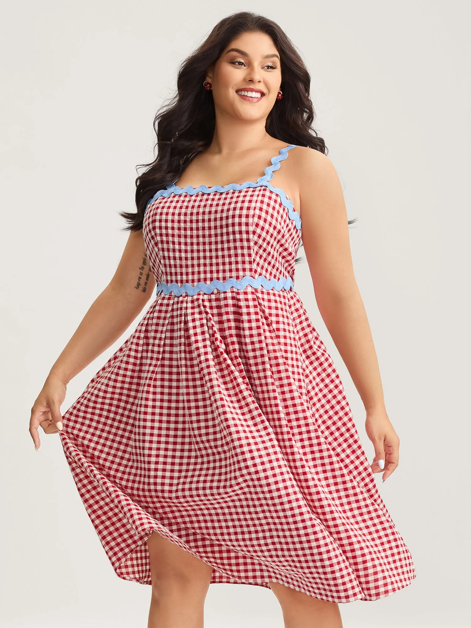 Cotton Sweet Gingham Print Stretchy Waist Midi Dress sold by Bloomchic