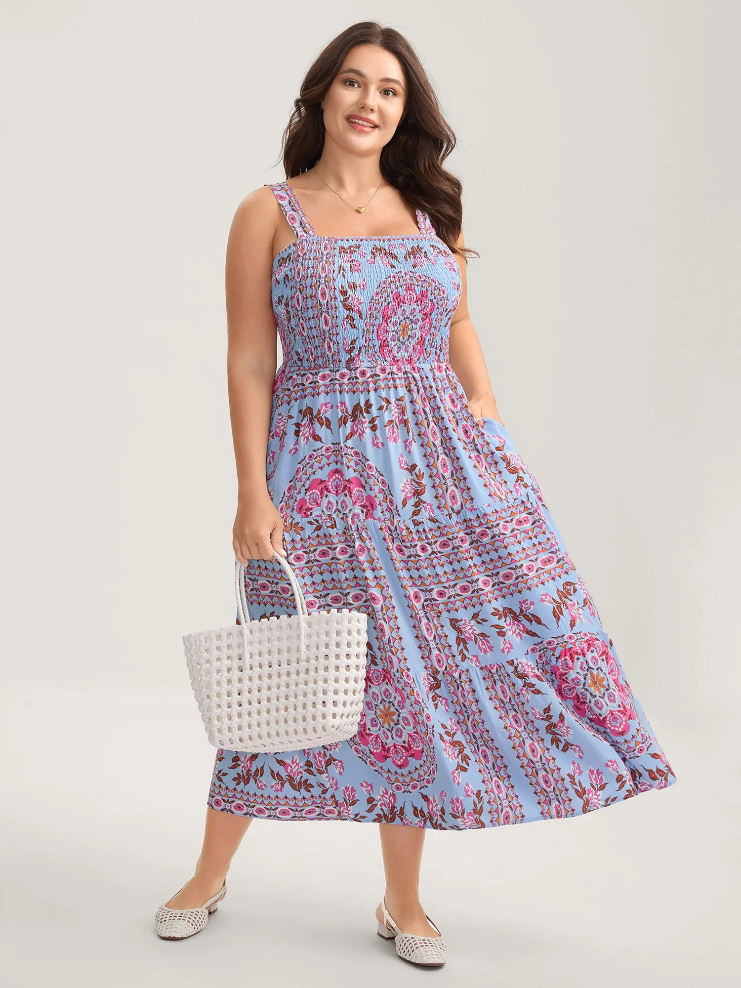 Rayon Floral Print Shirred Pockets Midi Dress sold by Bloomchic