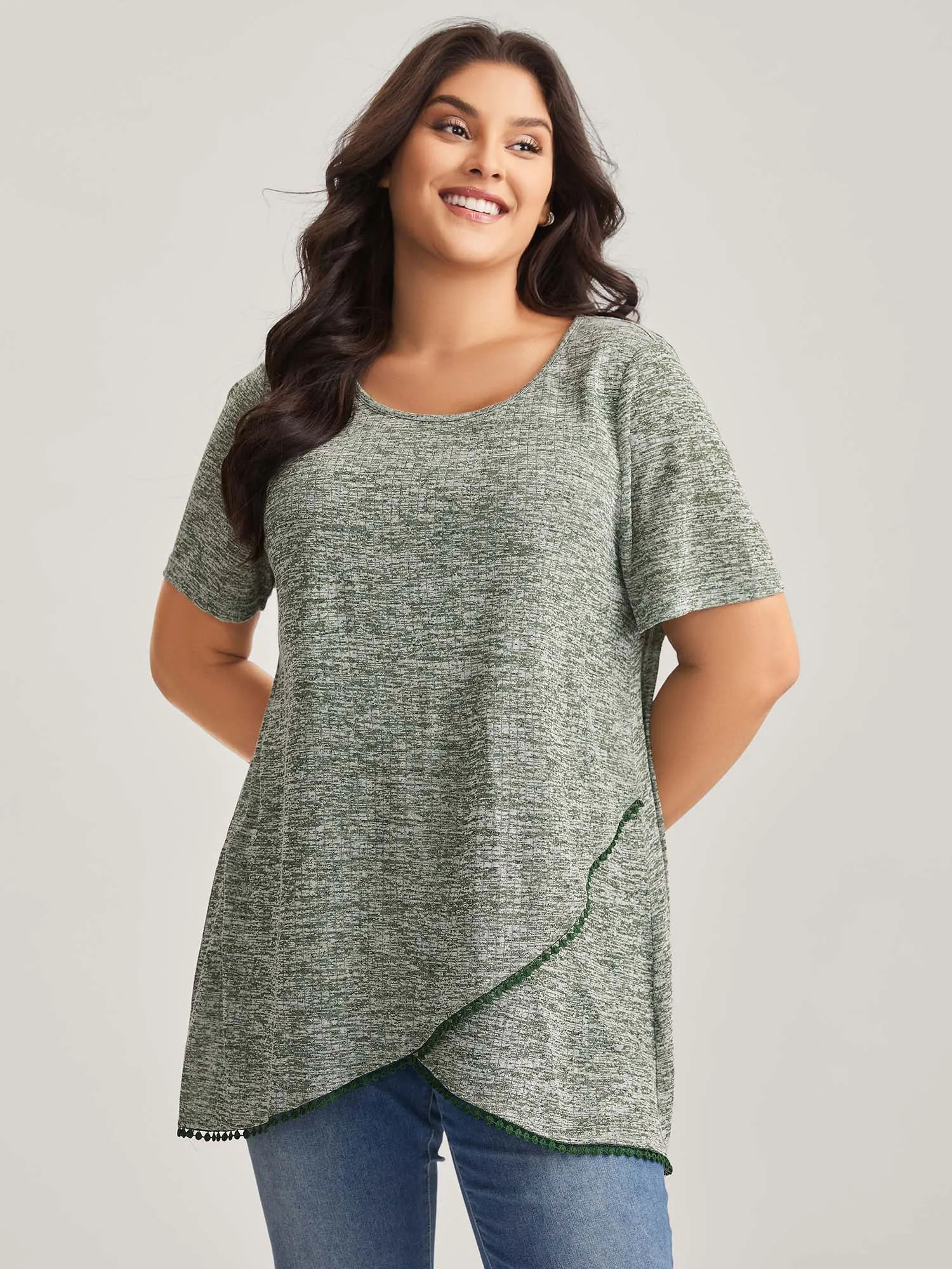 Heather Lace Overlap Hem Solid T-Shirt sold by Bloomchic
