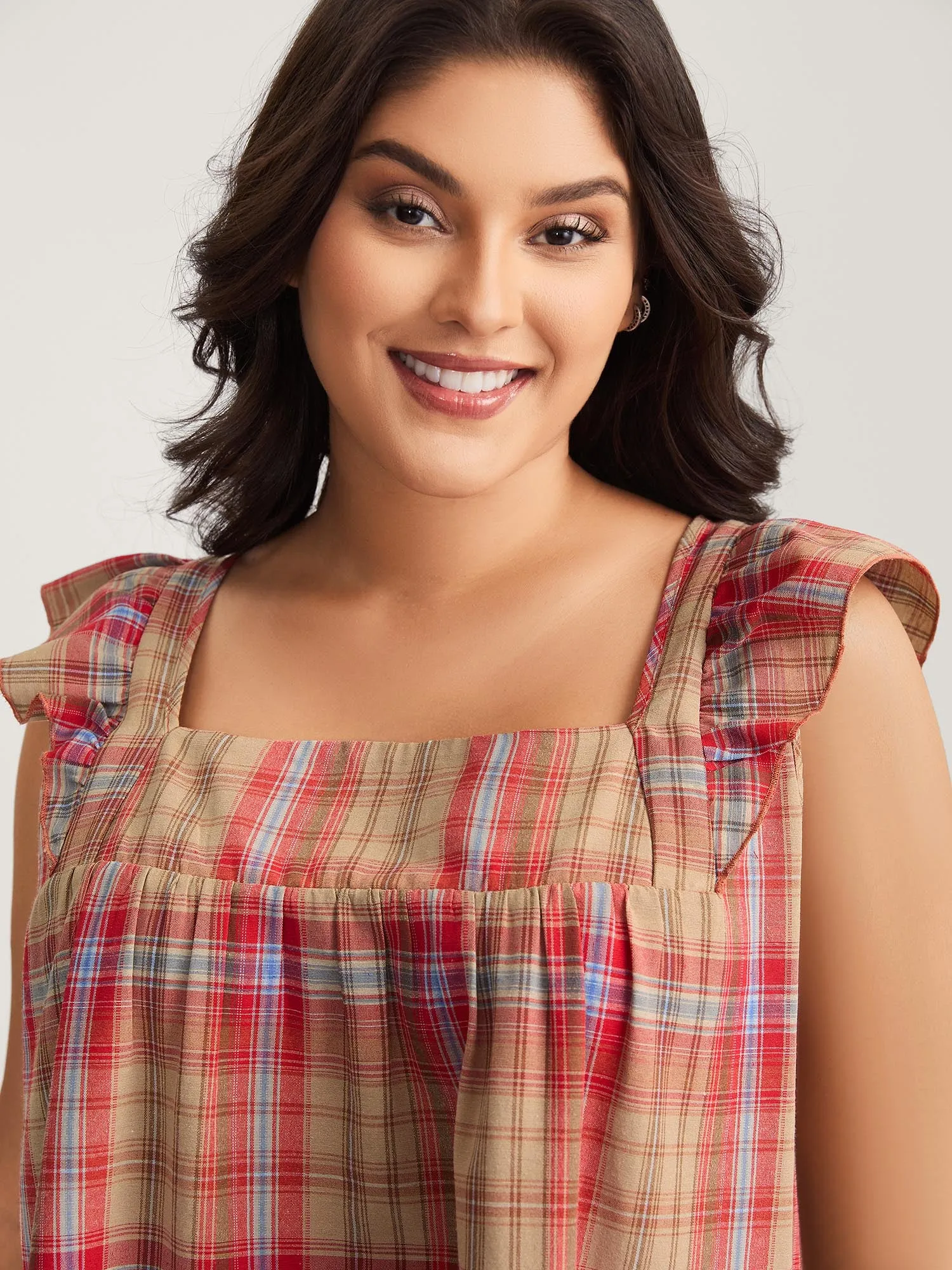 Plaid Print Flutter Sleeve Pleated Blouse sold by Bloomchic product image thumbnail 4