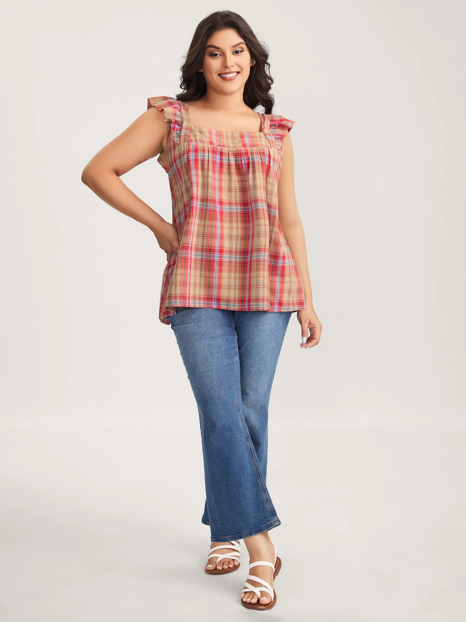 Plaid Print Flutter Sleeve Pleated Blouse sold by Bloomchic product image thumbnail 3