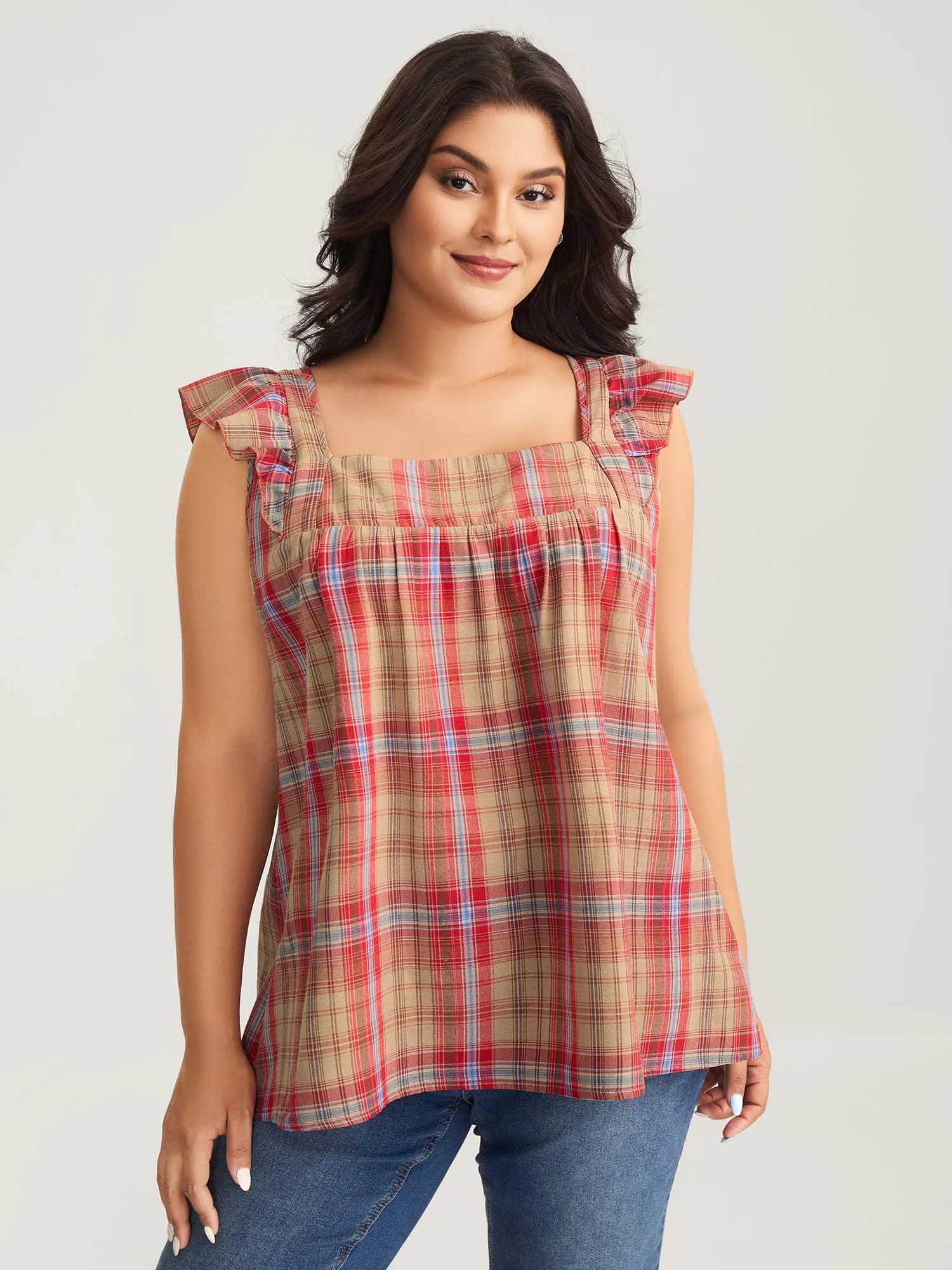 Plaid Print Flutter Sleeve Pleated Blouse sold by Bloomchic