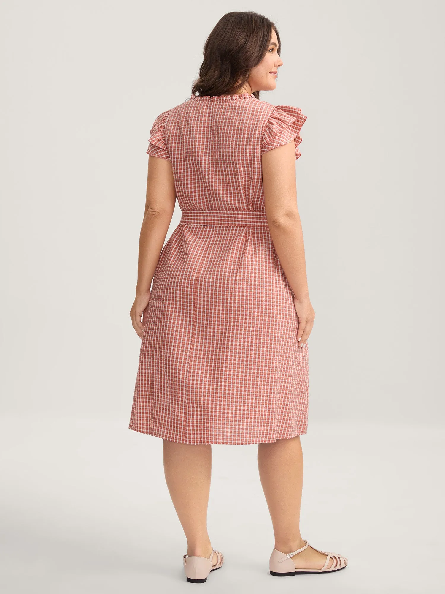 Gingham Print Belted Flutter Sleeve Midi Dress sold by Bloomchic product image thumbnail 4