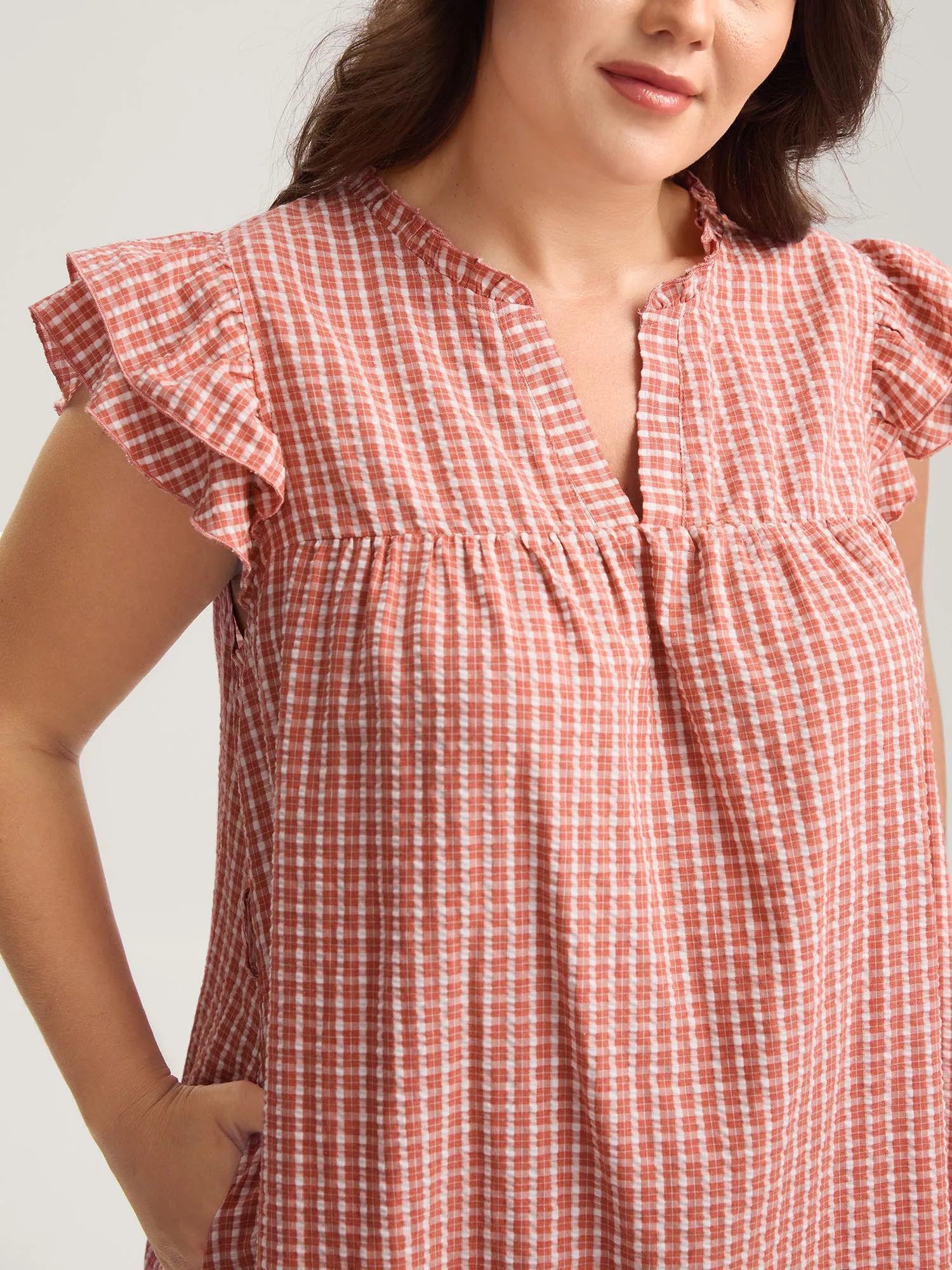Gingham Print Belted Flutter Sleeve Midi Dress sold by Bloomchic product image thumbnail 3