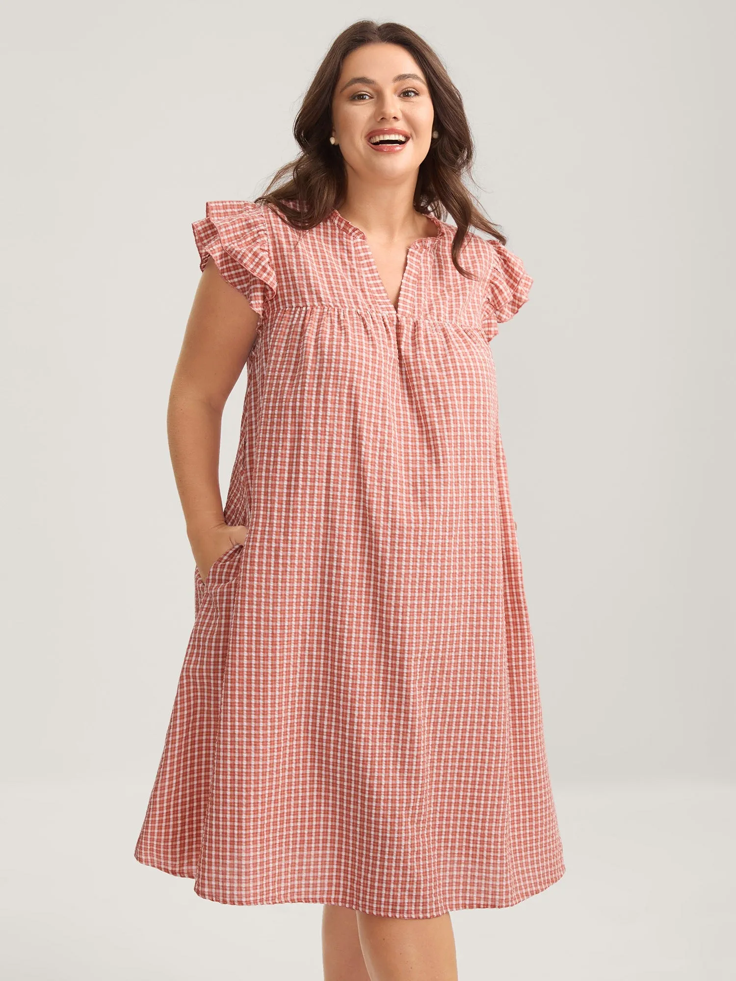 Gingham Print Belted Flutter Sleeve Midi Dress sold by Bloomchic product image thumbnail 2