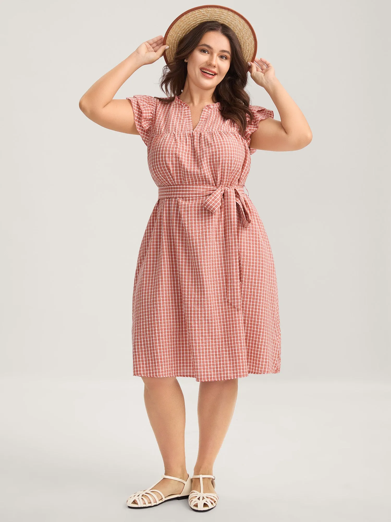 Gingham Print Belted Flutter Sleeve Midi Dress sold by Bloomchic