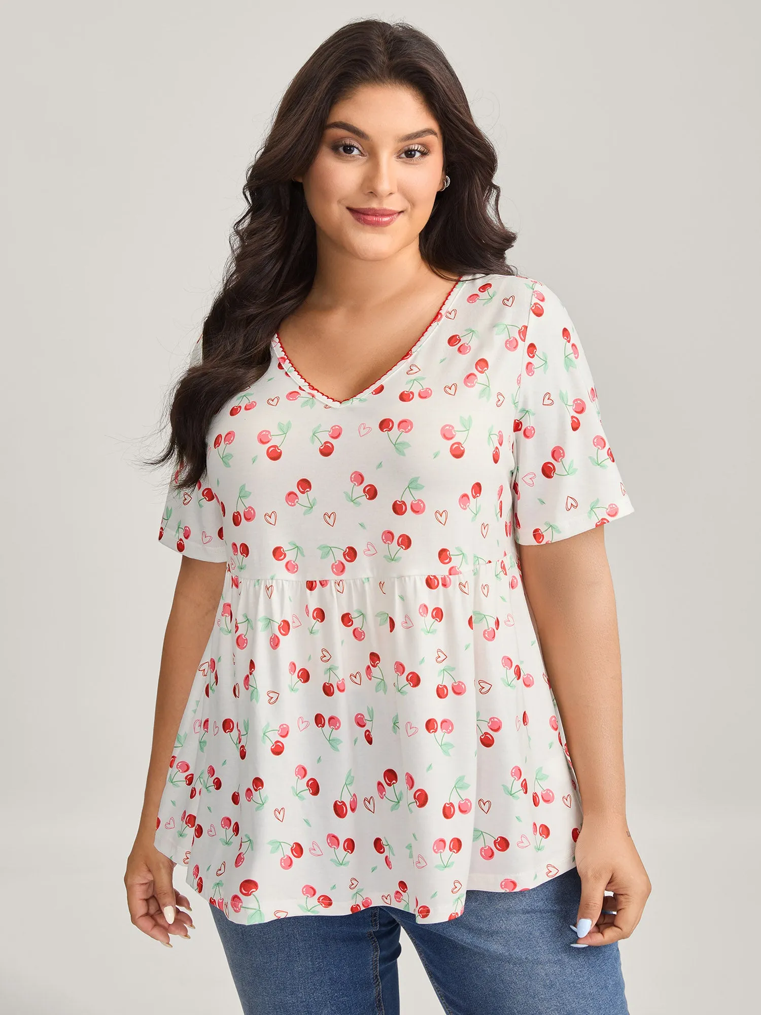 Cherry Print Embroidered V-Neck Top sold by Bloomchic