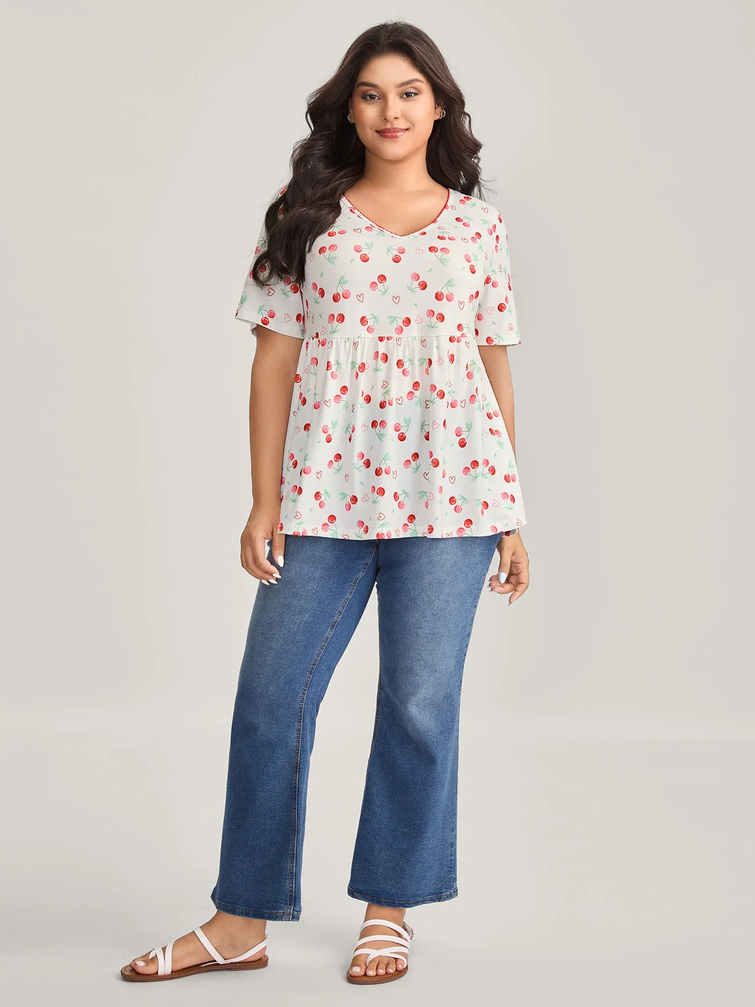 Cherry Print Embroidered V-Neck Top sold by Bloomchic product image thumbnail 4