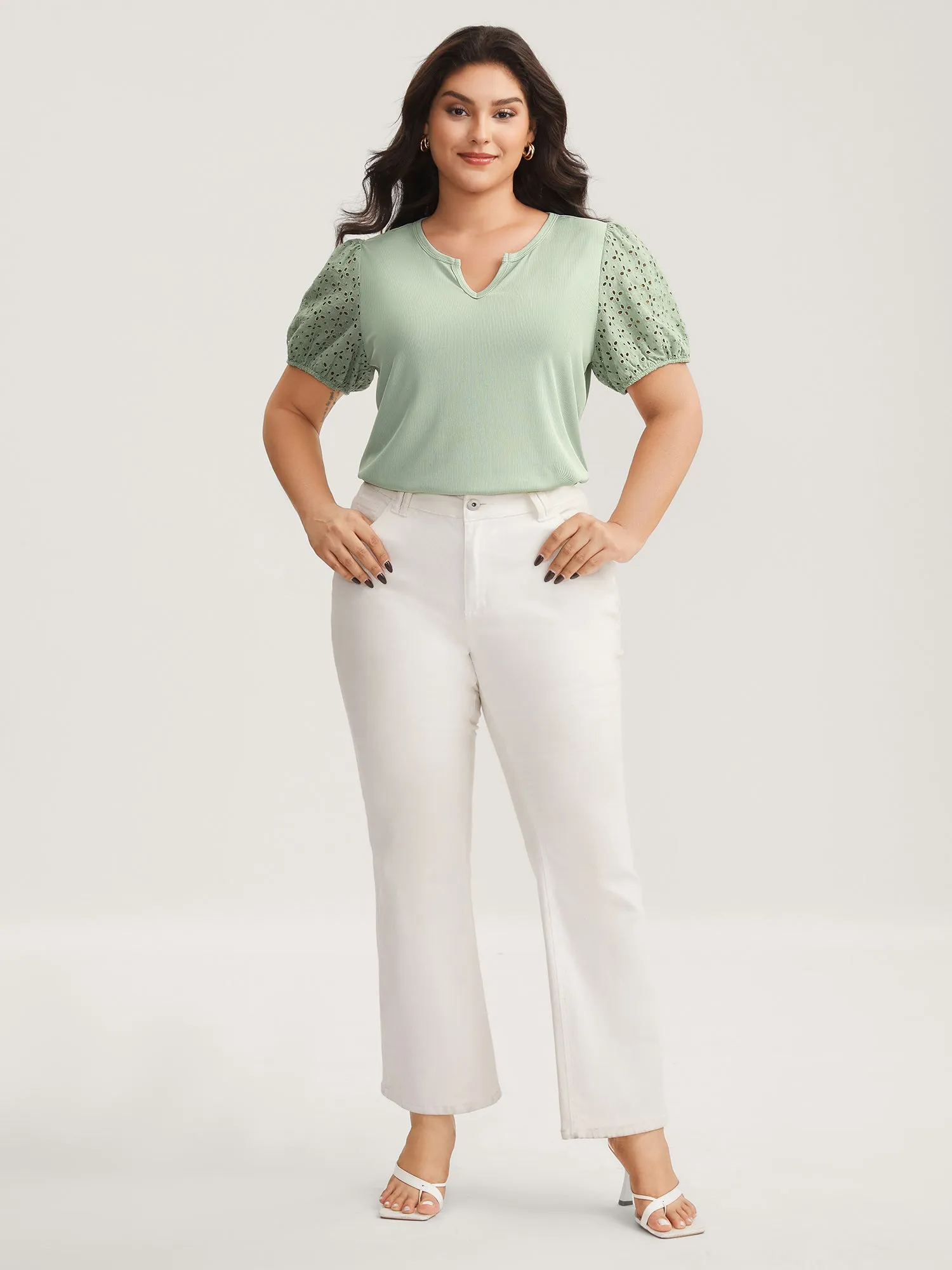 Eyelet Trim Solid Puffy Sleeve Knit Top sold by Bloomchic product image thumbnail 3