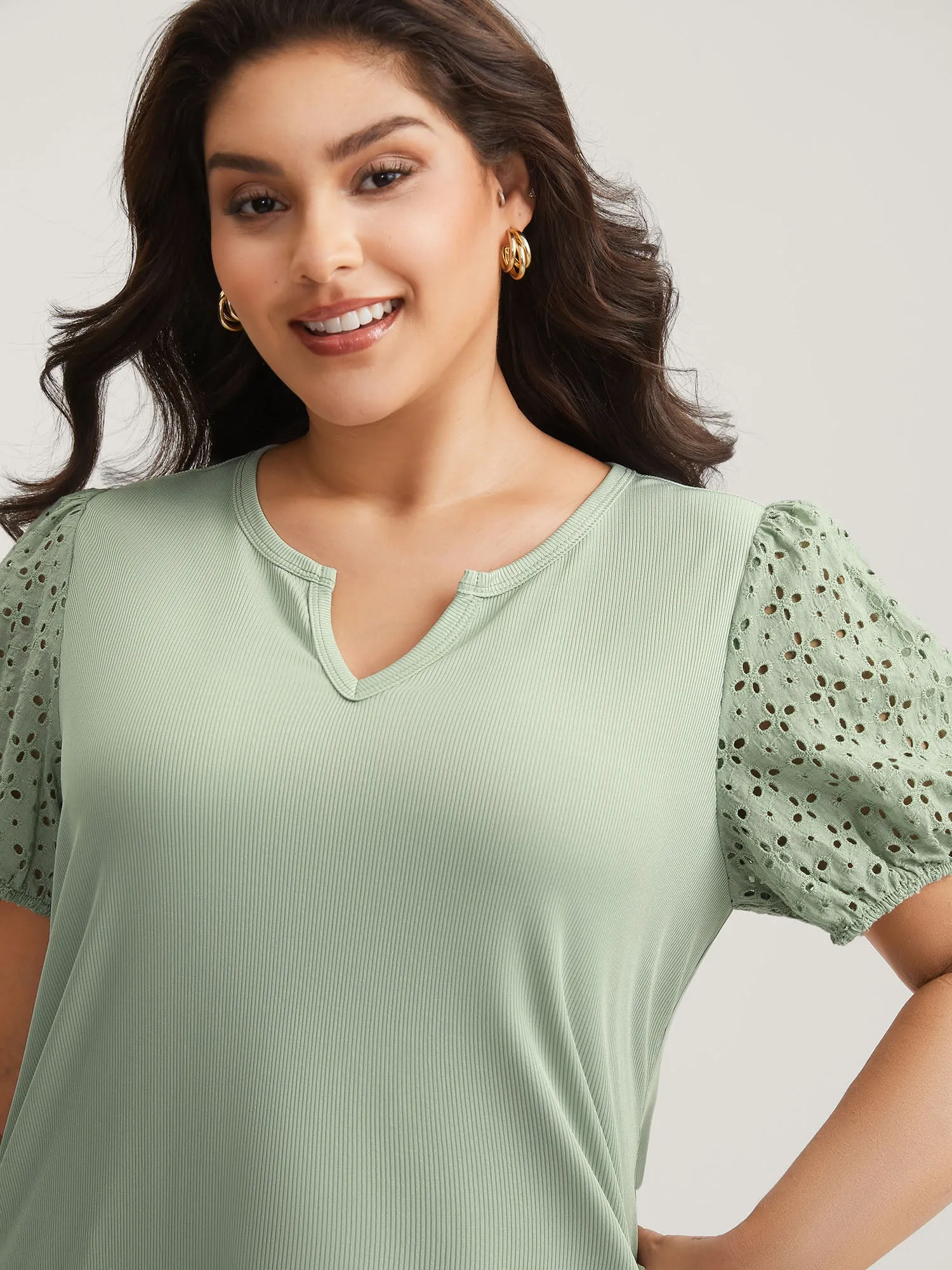 Eyelet Trim Solid Puffy Sleeve Knit Top sold by Bloomchic