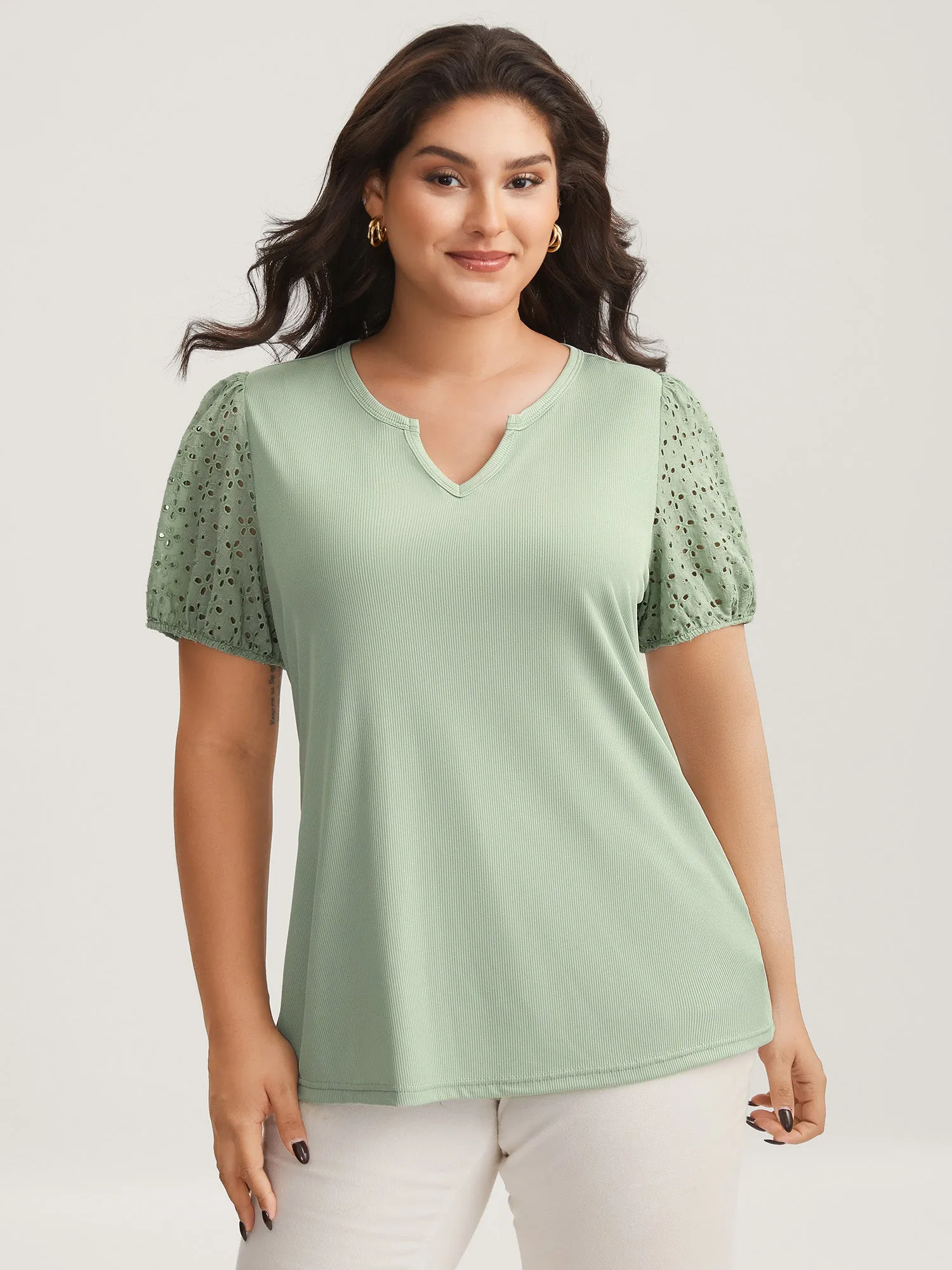 Eyelet Trim Solid Puffy Sleeve Knit Top sold by Bloomchic product image thumbnail 2