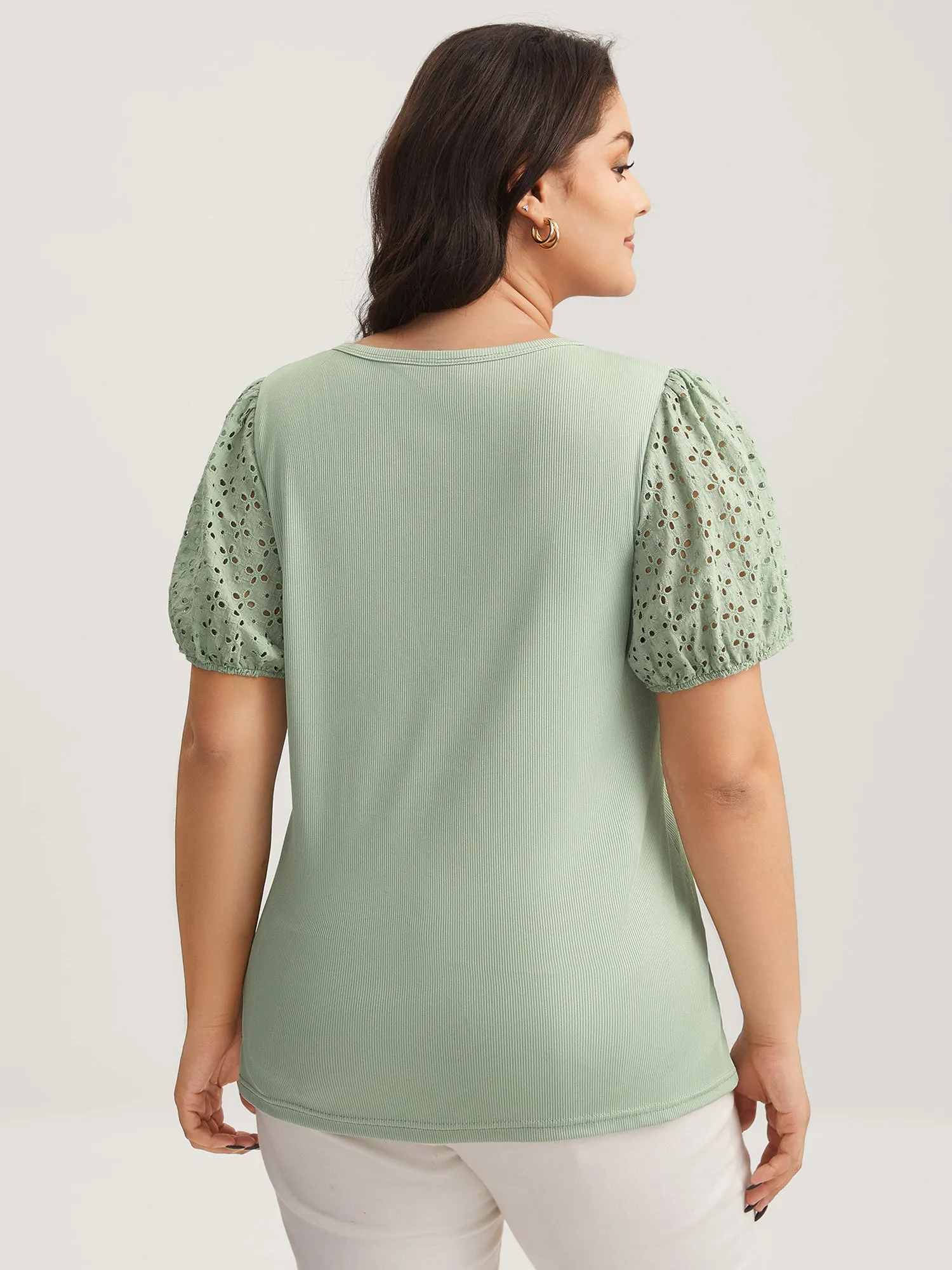 Eyelet Trim Solid Puffy Sleeve Knit Top sold by Bloomchic product image thumbnail 4
