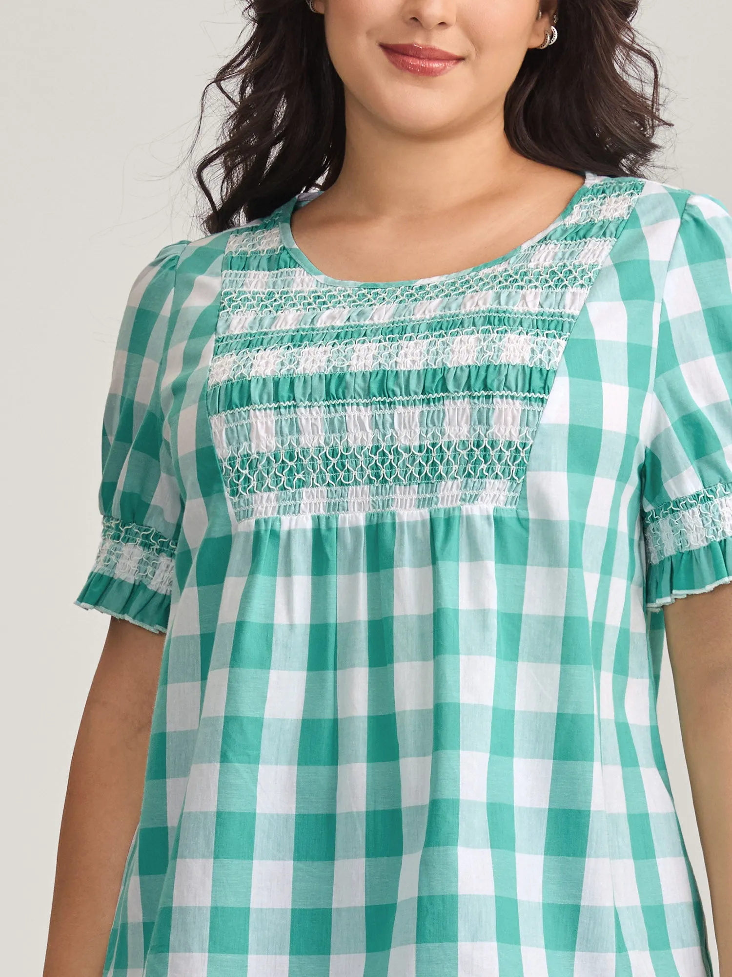 Cotton Plaid Print Shirred Neck Puffy Blouse sold by Bloomchic