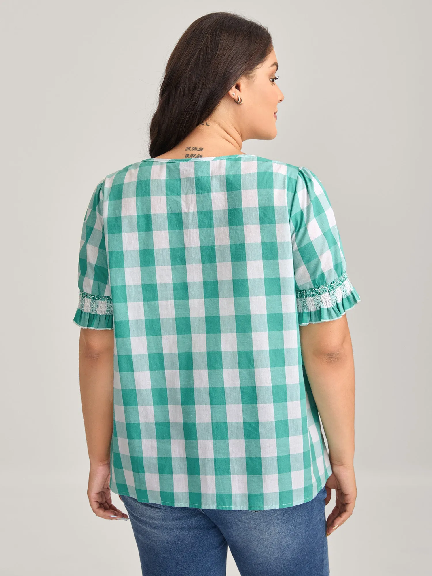 Cotton Plaid Print Shirred Neck Puffy Blouse sold by Bloomchic product image thumbnail 4