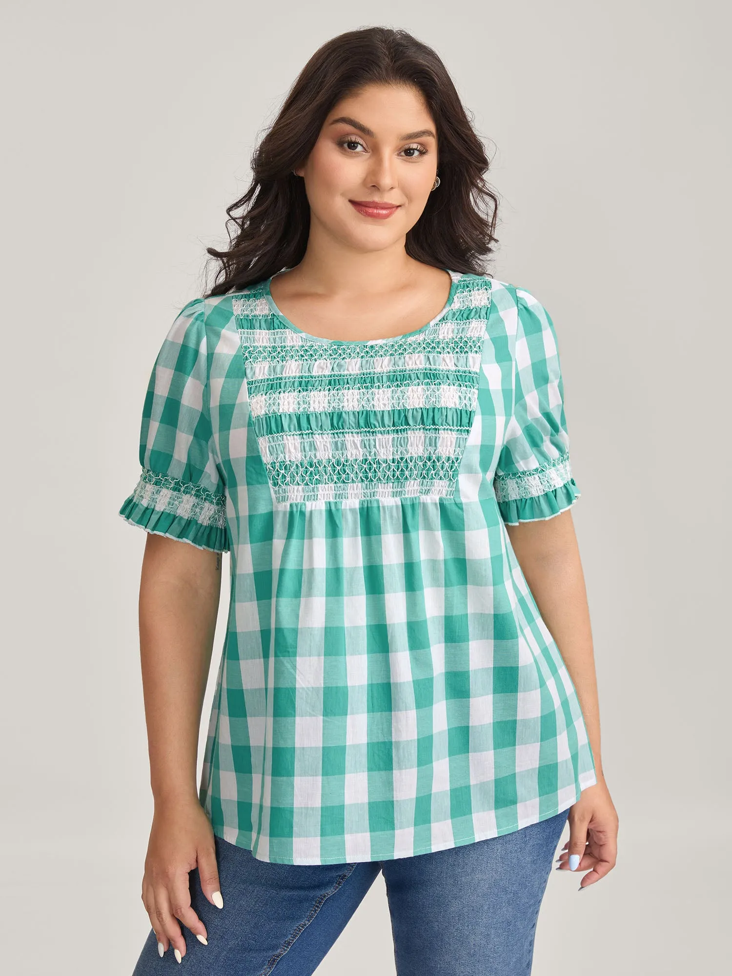 Cotton Plaid Print Shirred Neck Puffy Blouse sold by Bloomchic product image thumbnail 2