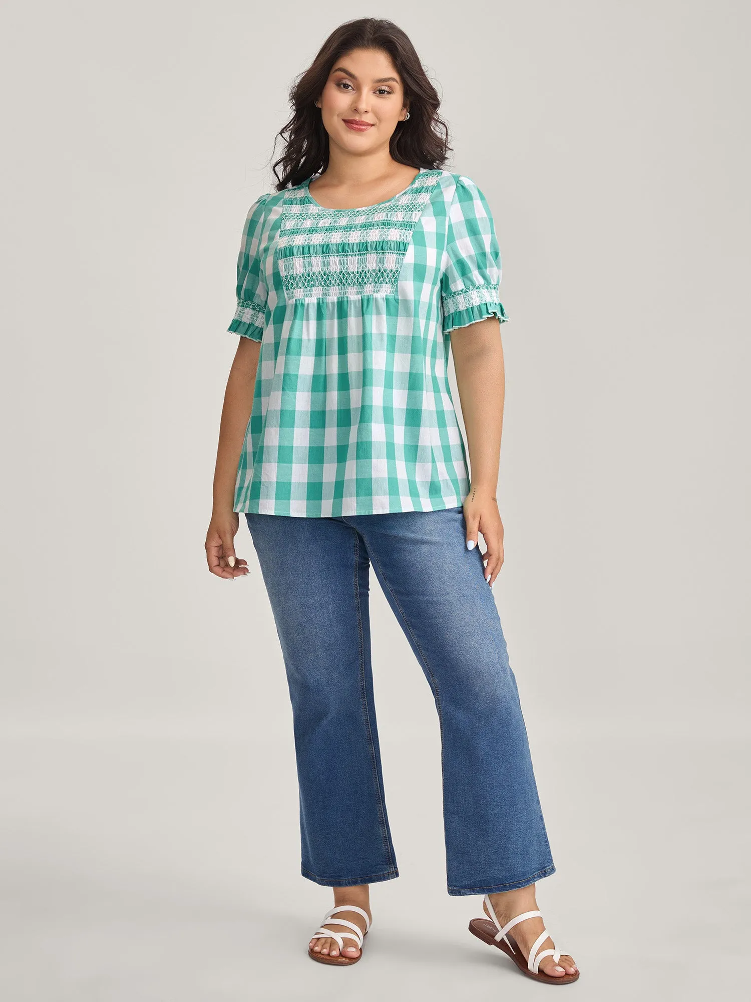 Cotton Plaid Print Shirred Neck Puffy Blouse sold by Bloomchic product image thumbnail 3