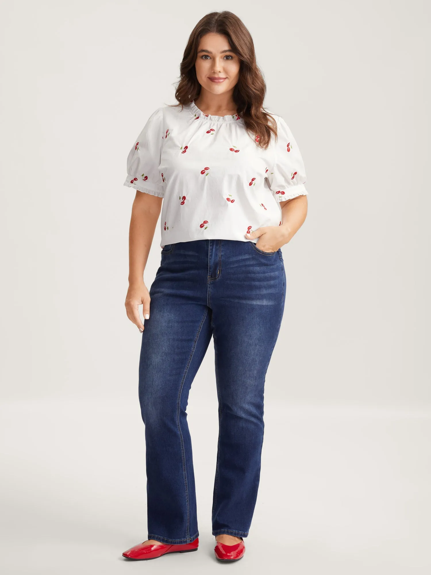 Cotton Cherry Embroidery Ruffled Neck Blouse sold by Bloomchic product image thumbnail 3