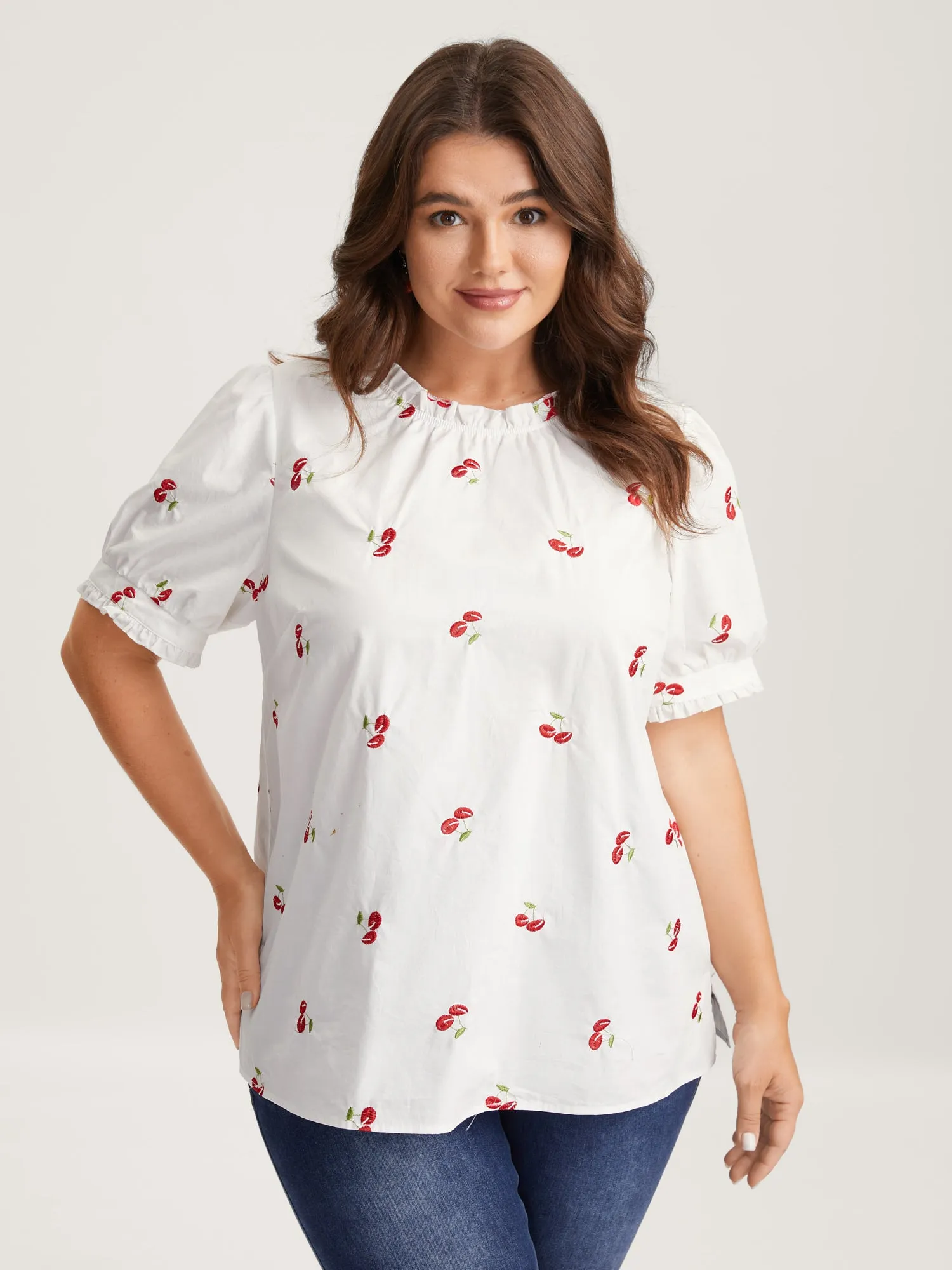Cotton Cherry Embroidery Ruffled Neck Blouse sold by Bloomchic