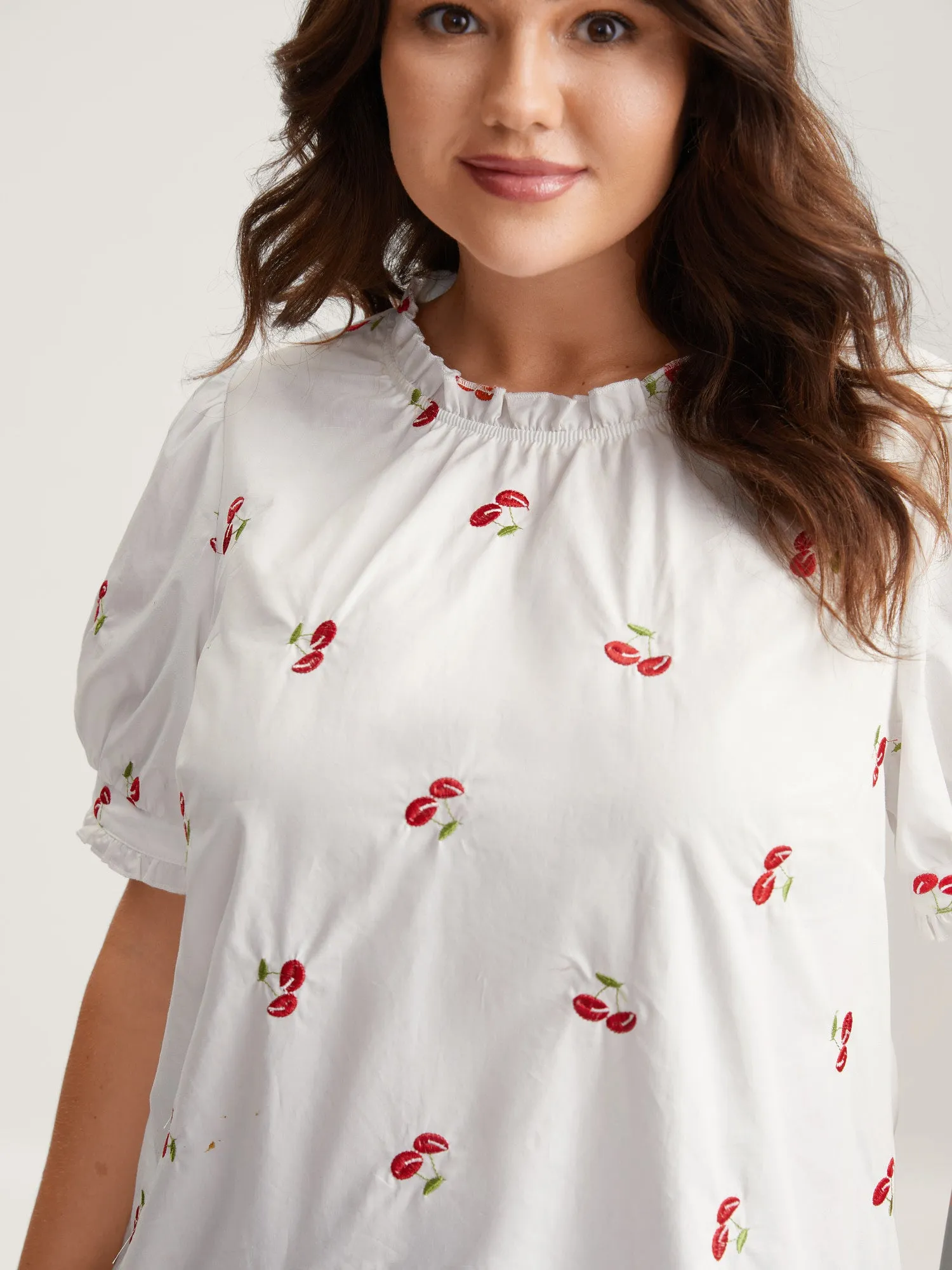 Cotton Cherry Embroidery Ruffled Neck Blouse sold by Bloomchic product image thumbnail 2