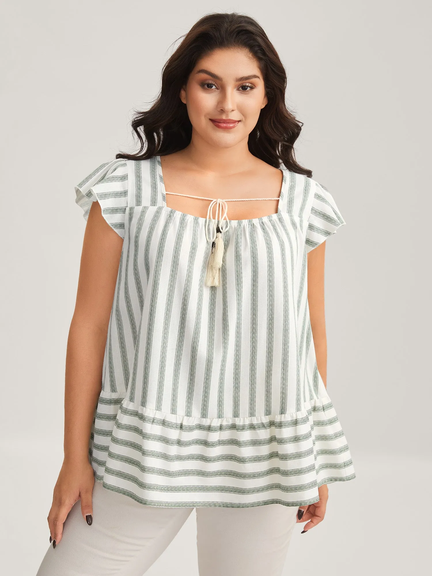 Classic Stripes Square Neck Tassels Blouse sold by Bloomchic