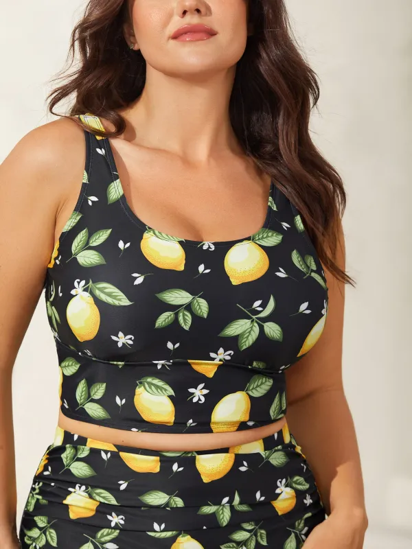 Lemon Print Scoop Neck Swim Top sold by Bloomchic