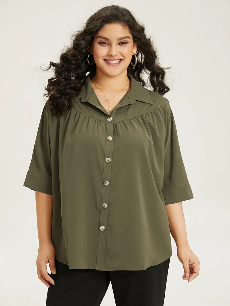 Anti-Wrinkle Button Through Gathered Shirt Collar Blouse sold by Bloomchic