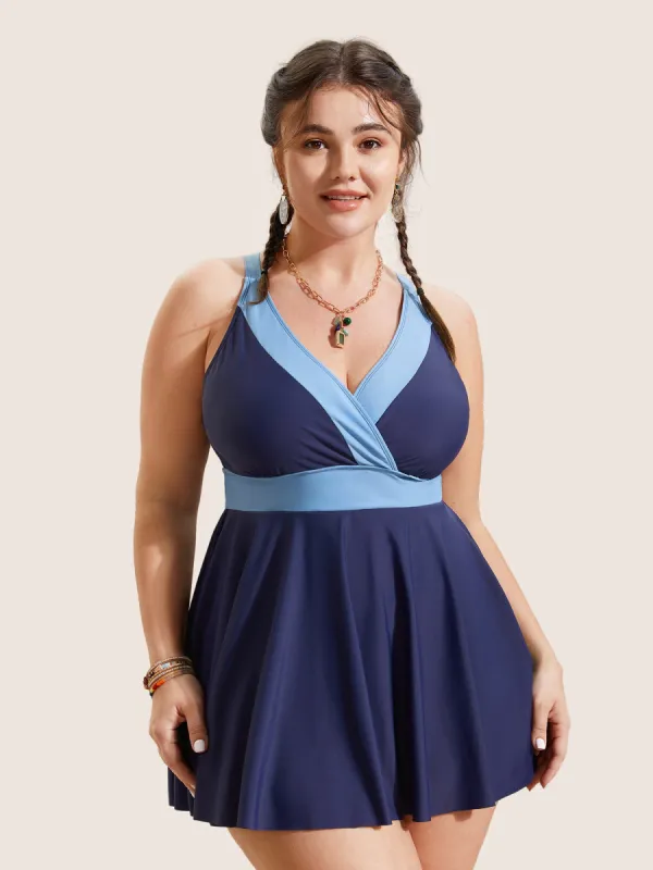 Two Tone Gathered Overlap Collar Swim Dress sold by Bloomchic