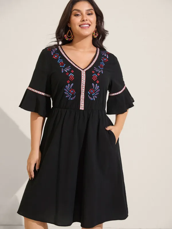 Pure Cotton Embroidered Pockets Midi Dress sold by Bloomchic