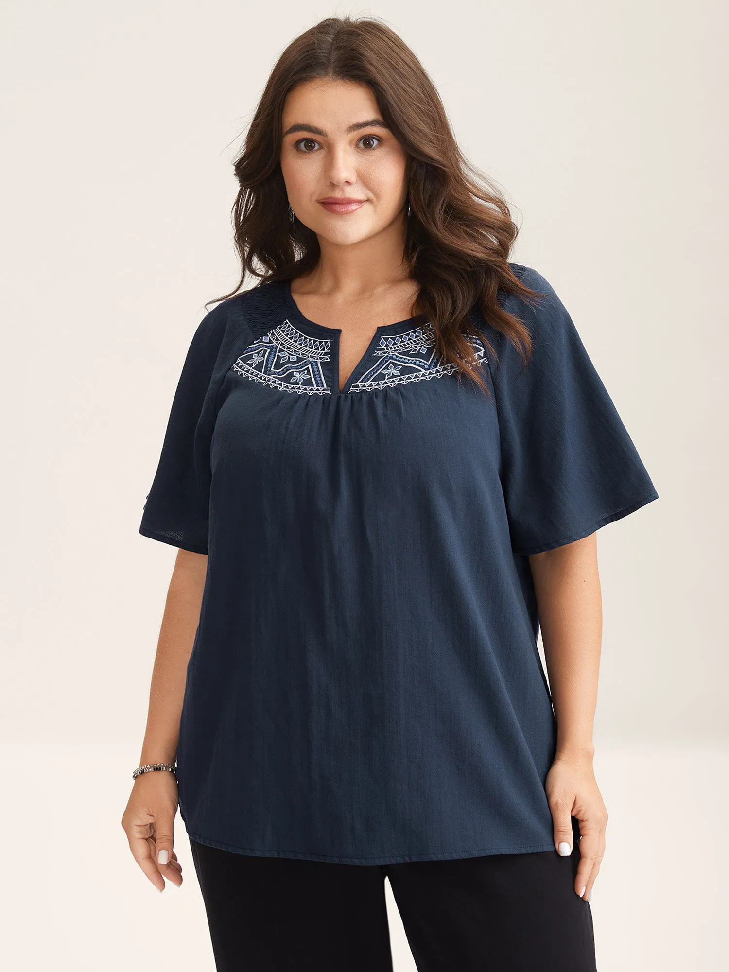 Cotton Boho Embroidered Neck Shirred Shoulder Blouse sold by Bloomchic product image thumbnail 2